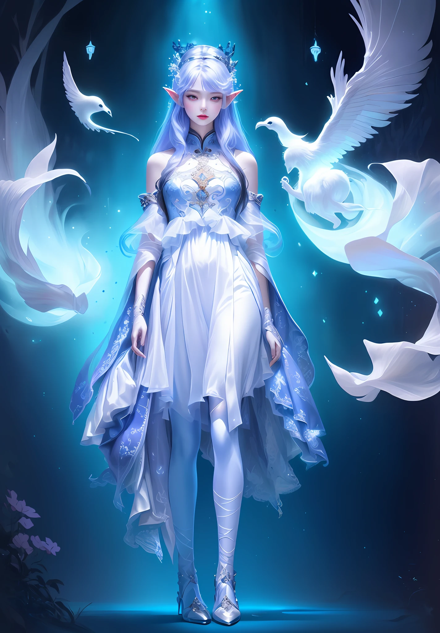 There is a doll in a dress and shoes, wearing fantasy formal clothing, full-body xianxia, fantasy style clothing, dreamy dress, a beautiful fantasy empress, astral witch clothes, Women's long skirt, a stunning young ethereal figure, beautiful and elegant elf queen, fantasyoutfit, intricate fantasy dress, Princesa chinesa antiga, pale young ghost girl, Ethereal fantasy,largeeyes,