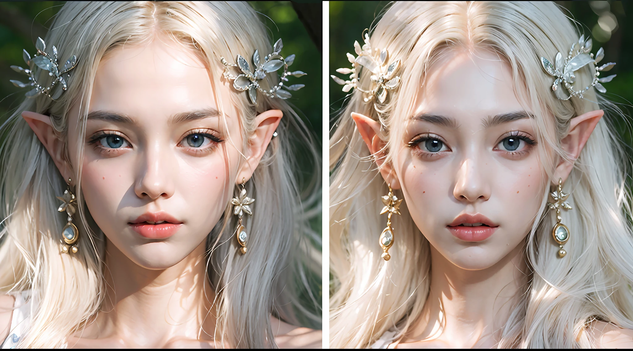 Elf Princess，ln the forest，Platinum hair accessories，(Photorealistic:1.4), (Masterpiece, side-lighting, fine detailed beautiful eyes: 1.2), Masterpiece*Portrait, Realistic, The face is delicate, Glowing eyes, Shiny hair, Shiny real skin, Solo, embarressed, (midriff),（super-fine），Detailed pubic hair，Accurate，（Works of masters），（best qualtiy），8K分辨率，A half body，dynamic viewing angle，