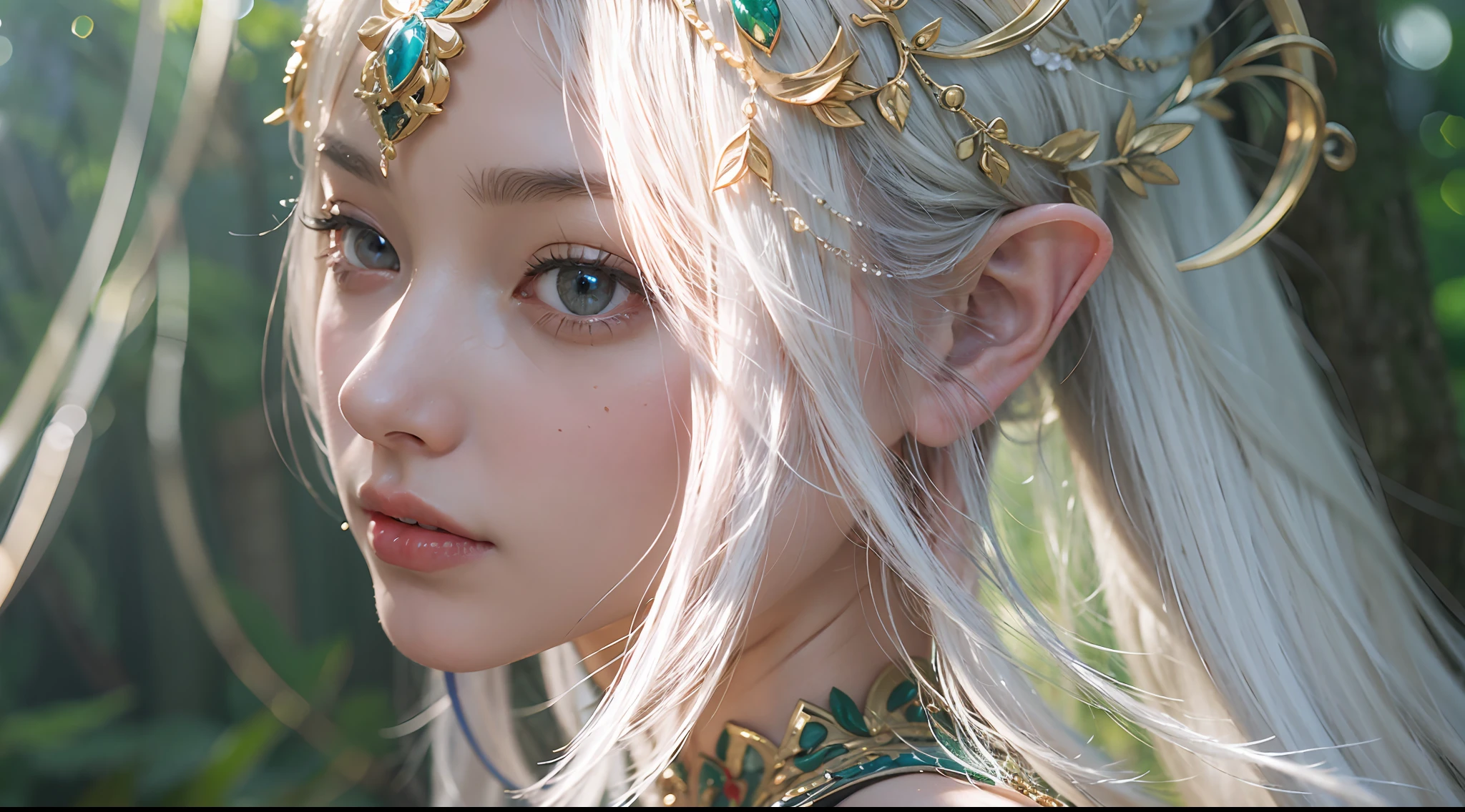 Elf Princess,ln the forest,Platinum hair accessories,(Photorealistic:1.4), (Masterpiece, side-lighting, fine detailed beautiful eyes: 1.2), Masterpiece*Portrait, Realistic, The face is delicate, Glowing eyes, Shiny hair, Shiny real skin, Solo, embarressed, (midriff),(super-fine),Detailed pubic hair,Accurate,(Works of masters),(best qualtiy),8K分辨率,A half body,dynamic viewing angle,