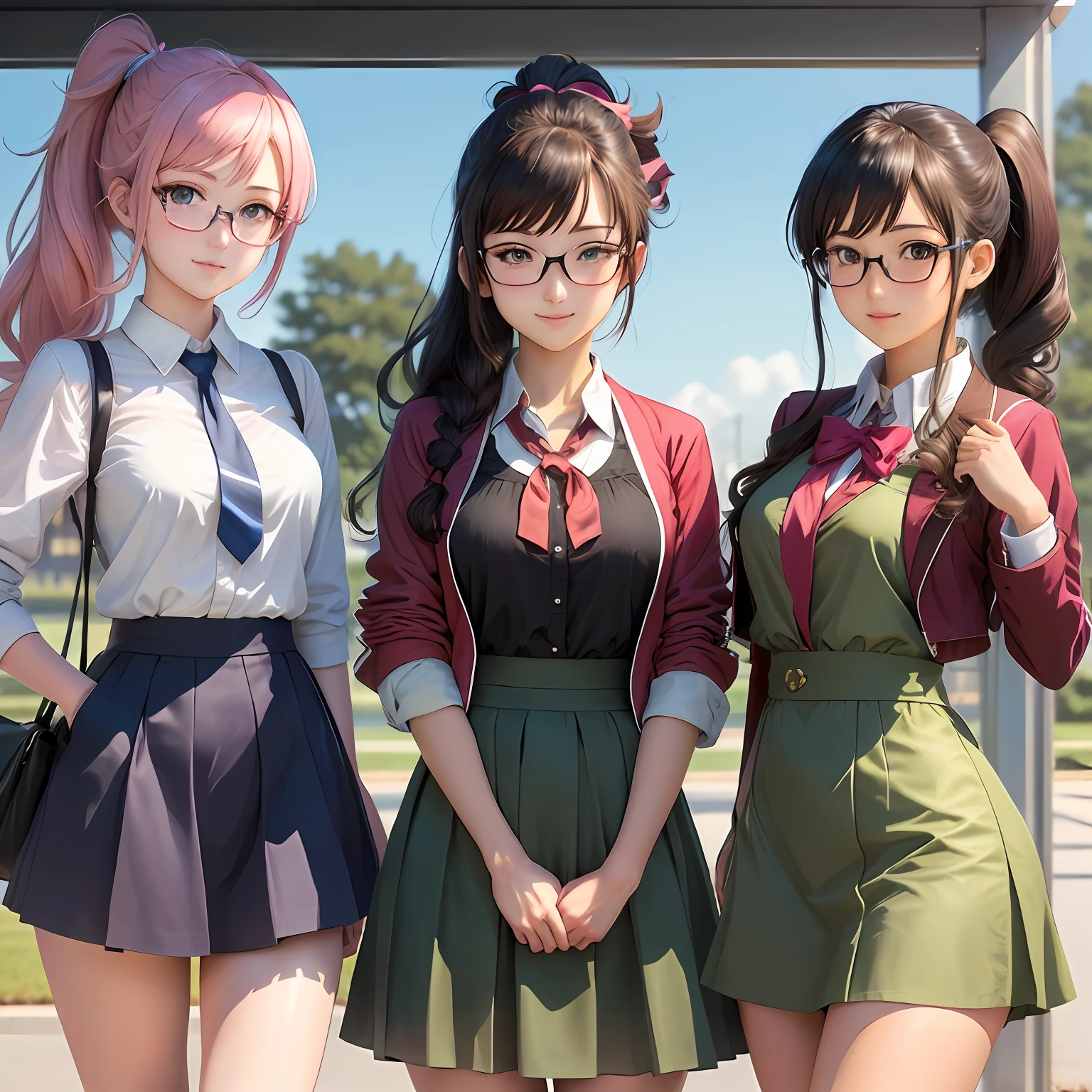 Anime high school girls,wears glasses,High ponytail