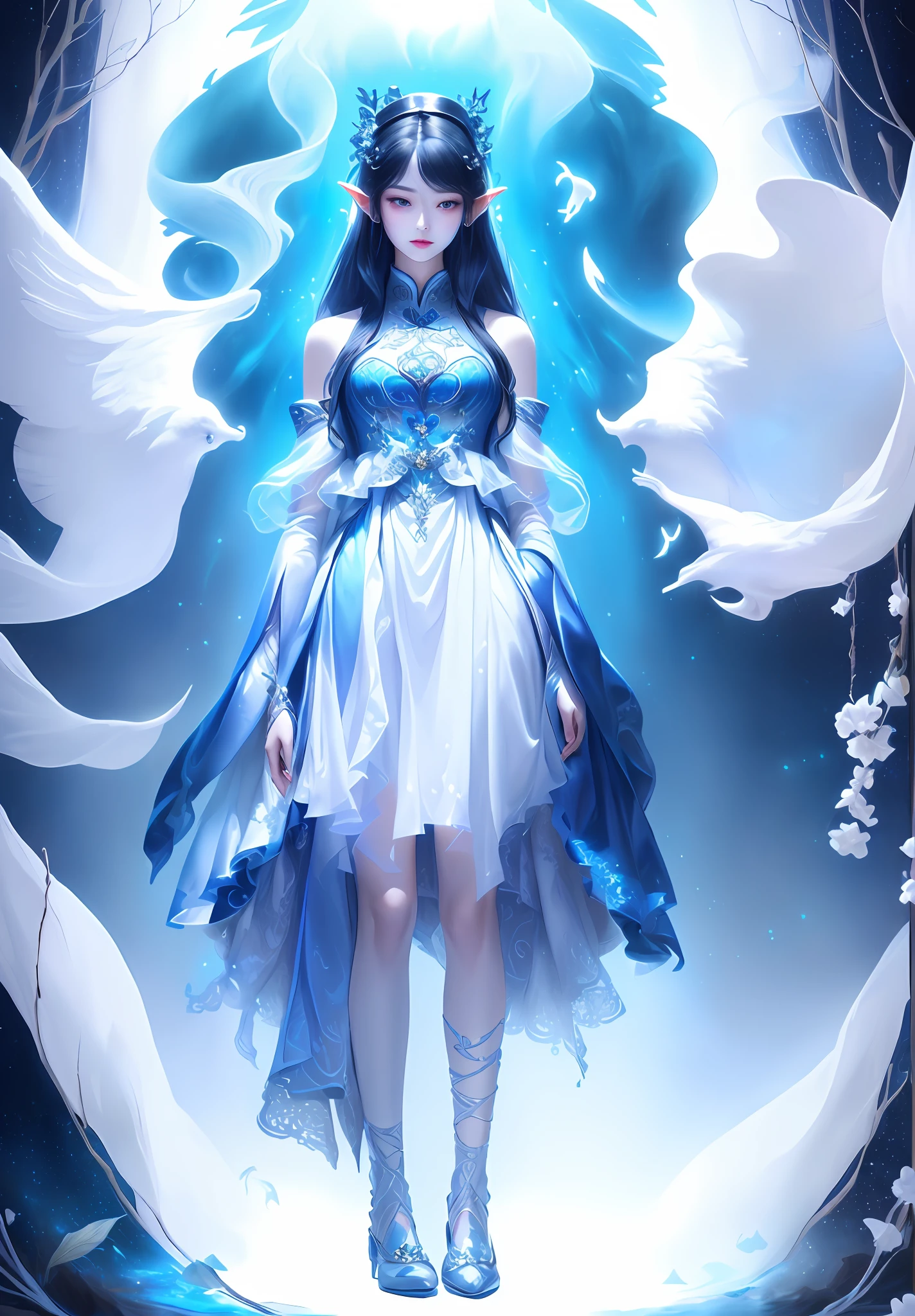 There is a doll in a dress and shoes, wearing fantasy formal clothing, full-body xianxia, fantasy style clothing, dreamy dress, a beautiful fantasy empress, astral witch clothes, Women's long skirt, a stunning young ethereal figure, beautiful and elegant elf queen, fantasyoutfit, intricate fantasy dress, Princesa chinesa antiga, pale young ghost girl, Ethereal fantasy,largeeyes,
