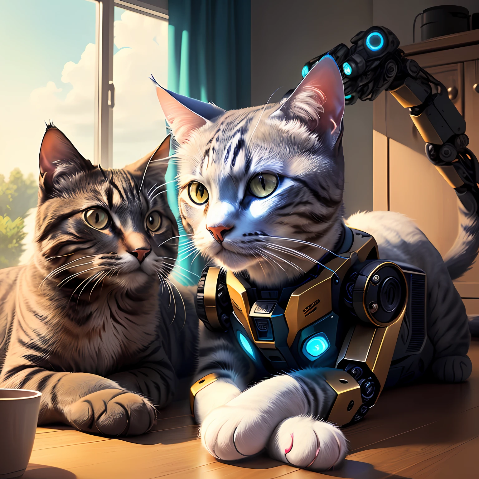 A cat with the robotic head and ARM