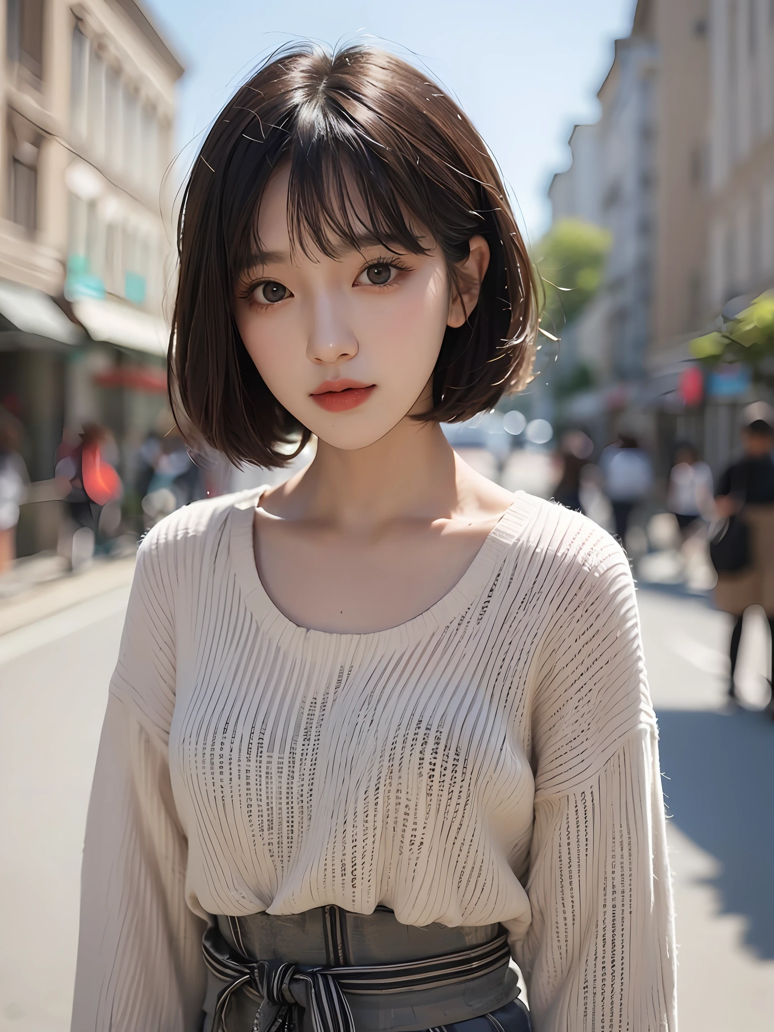 Girl, Instagram model, portrait, blurred background, black hair, short bob cut, bangs, brown eyes, korean, cute, make up, town background --auto --s2