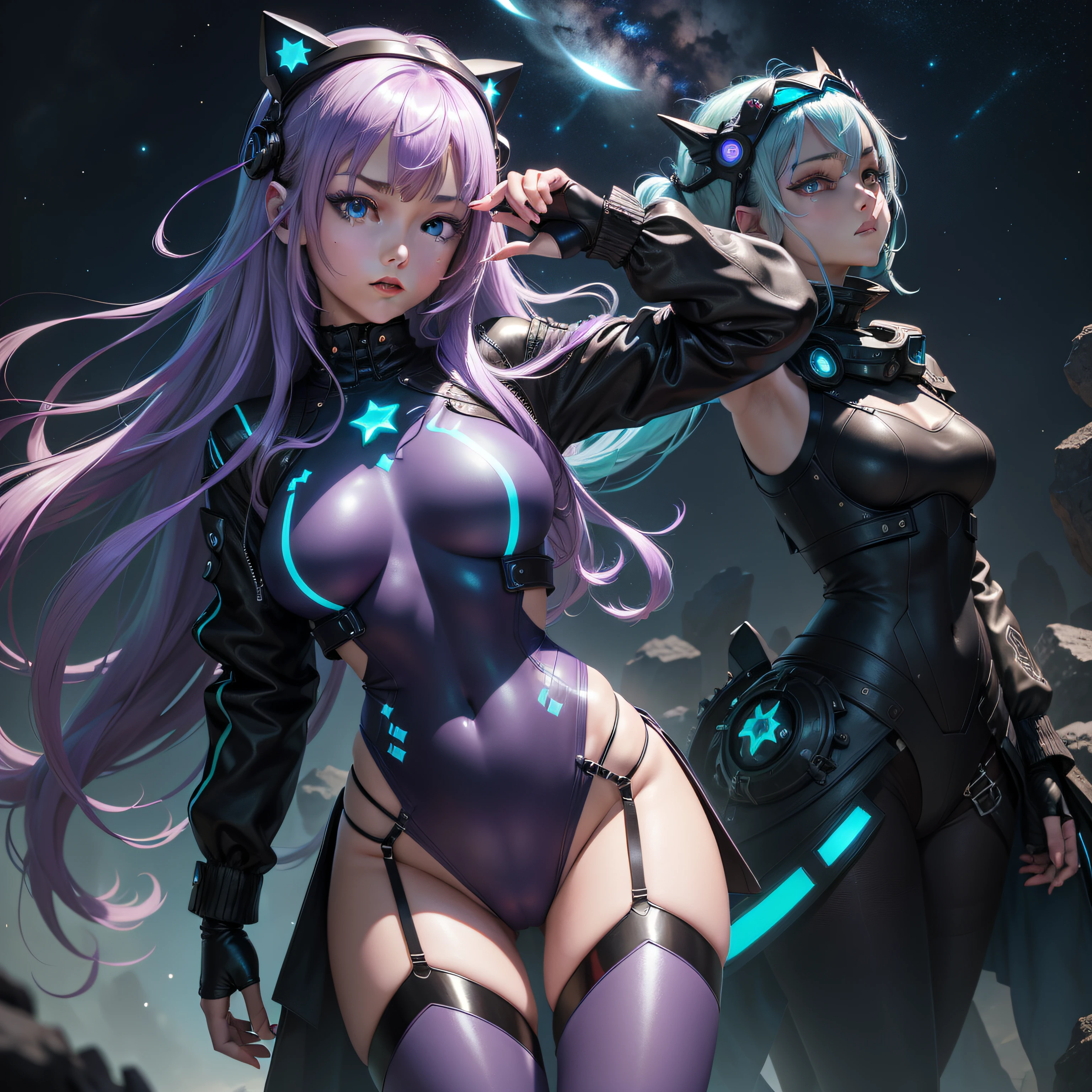 (((bioluminescent lighting, blue light: 1.5 ,blue lighting: 1.5, blue tint: 1.5))) , detailed face and eyes, 1 girl, glow in the dark eyes, glow in the bright hair: 1.5, God girl , , liquid metal girl, pantyhose, elbe, default_outfit, casual, maid, cloud, colorful, starry, stars, , Dragon, mirrornun, V0id3nergy, starrystarscloudcolorful, GothicC, multicolored hair, cropped jacket, fishnets, fingerless gloves, volume light, shadow, color panties, color thighhighs, color sweater, vds, , mecha musume, headgear, mechanical arms, bodysuit, Hoshino Ai, long hair, purple hair, streaked hair, purple eyes, star-shaped pupils, hair ornament