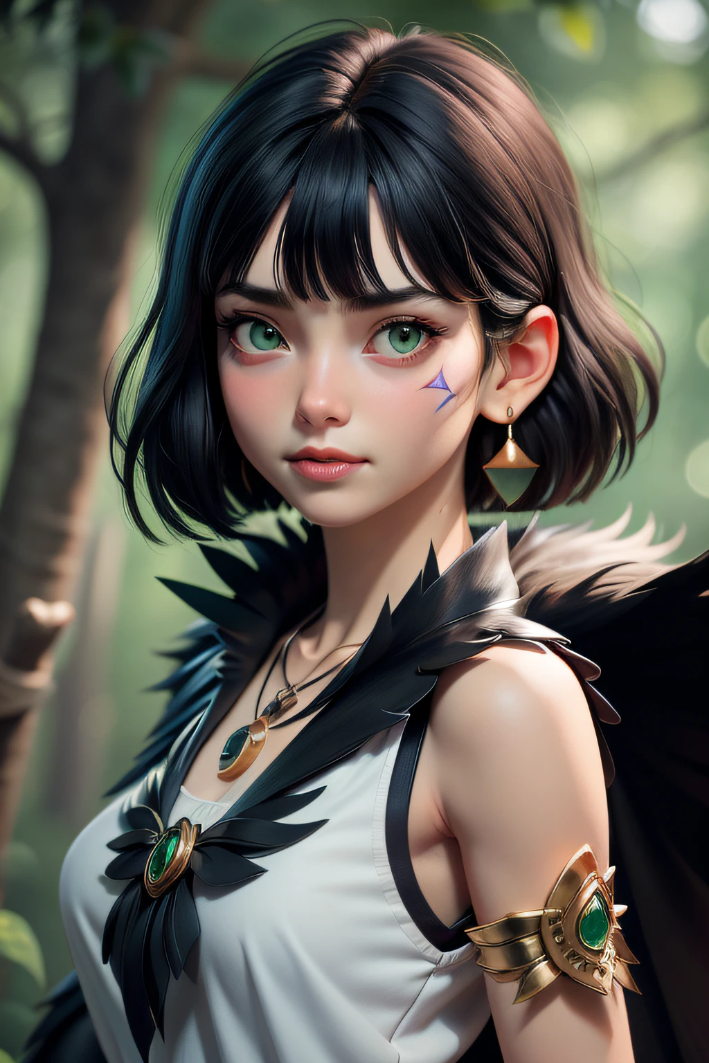 mj3d style,3dmm,3d,(masterpiece, best quality:1.1), ghibli style, san \(mononoke hime\), 1girl, armlet, bangs, black hair, black undershirt, breasts, cape, circlet, earrings, facepaint, floating hair, fur cape, green eyes, jewelry, looking at viewer, medium breasts, nature, necklace, outdoors, parted bangs, shirt, short hair, sleeveless, sleeveless shirt, solo, tooth necklace, tree, upper body, white shirt