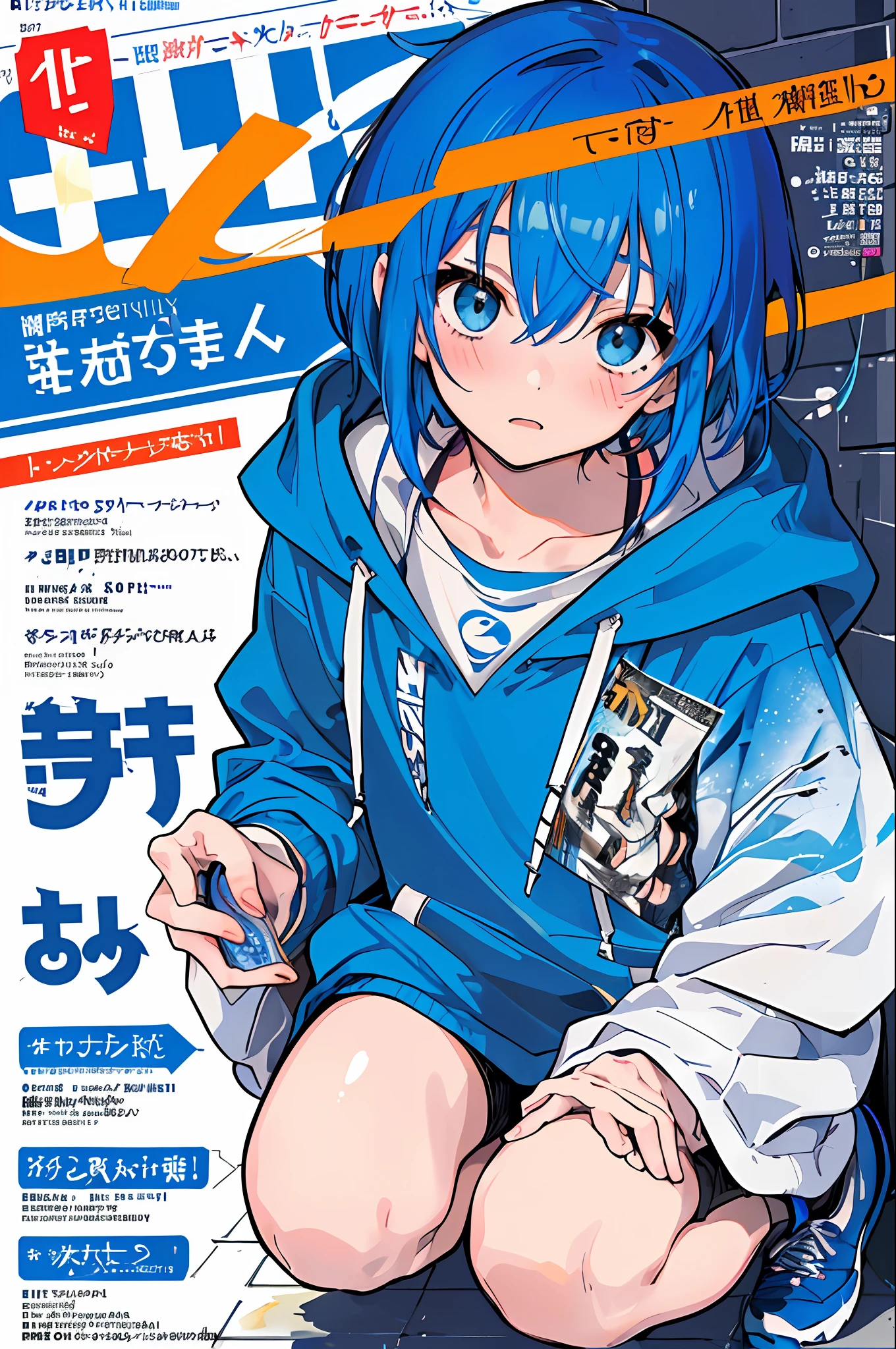 (1boy),( Solo), (masterpiece:1.2), (best quality:1.3), segmented, (blush), (aesthetic), (aesthetic face), (Messy Japanese Round Haircut for Thick Hair), (blue hoodie), (blue nike shoes), (cut hair), (straight hair), (Blue hair), (light skin),white background, illustration, (magazine:1.3), (cover-style:1.3), fashionable, boy, vibrant, outfit, posing, front, colorful, dynamic, background, elements, confident, expression, holding, statement, accessory, majestic, coiled, around, touch, scene, text, cover, bold, attention-grabbing, title, stylish, font, catchy, headline, larger, striking, modern, trendy, focus, fashion,