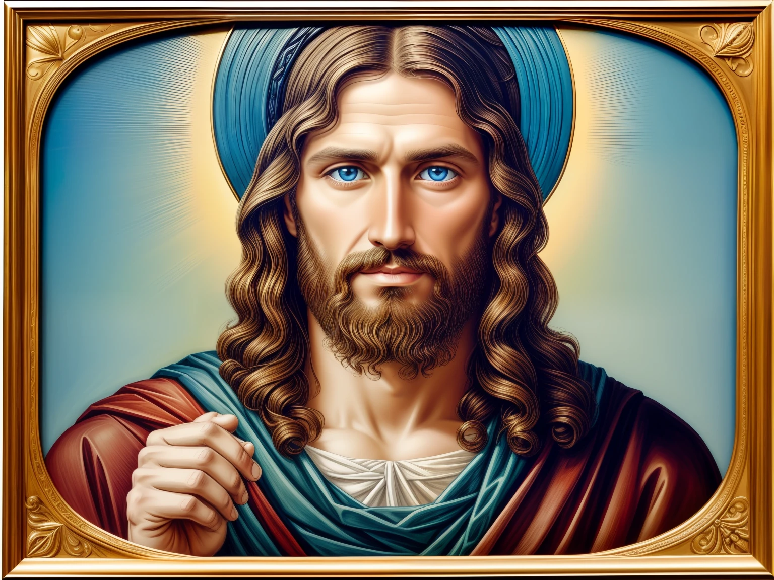 Portrait of a handsome man, Jesus Christ, real blue eyes, sunny day, intricate details.