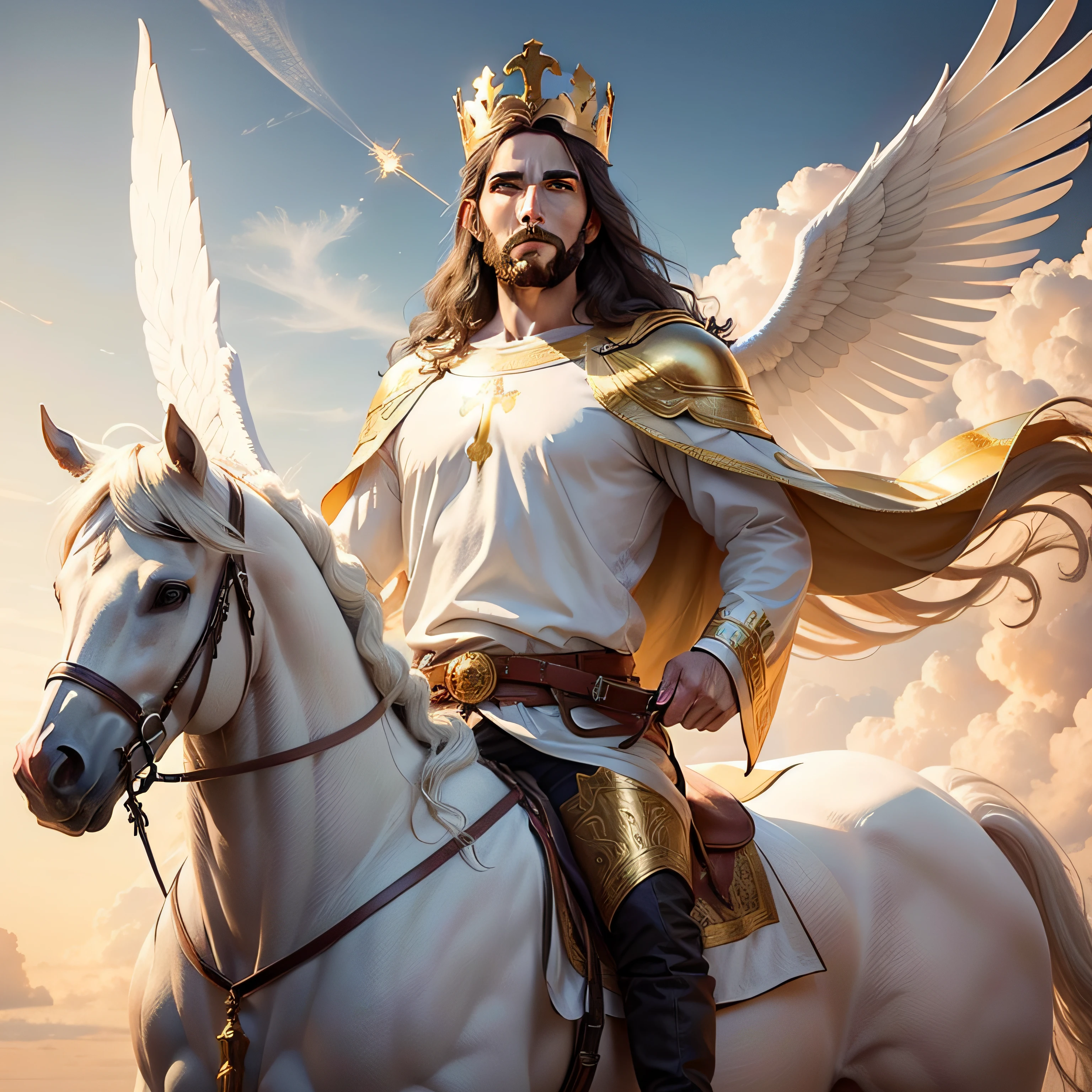 Create an image of the resurrected Jesus Christ with a golden crown and coming among the clouds on a white horse and with thousands of angels behind him