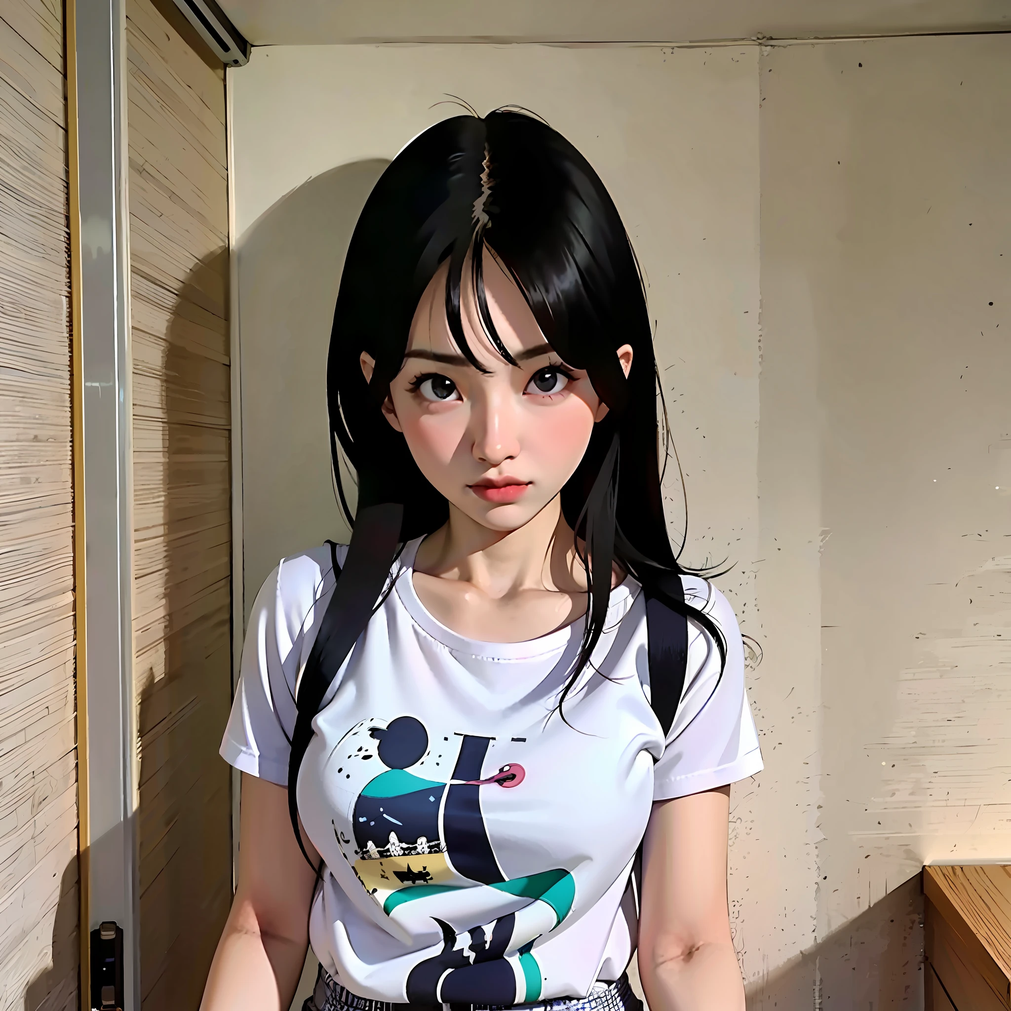 1 girl, Videl from dragon ball Z,  em shorts pretos curtos e camisa branca, apertada, posando para uma foto, Menina anime na vida real,bonita, linda mulher coreana jovem, Anime Garota Cosplay, terno liso branco apertado roupas terno, vestindo camisa apertada, camisa apertada, usando roupas simples e apertadas, degree of transparency, anime realista, anime hiper realista, menina anime atraente, Mulher coreana, sexy N-SFW, hot girl