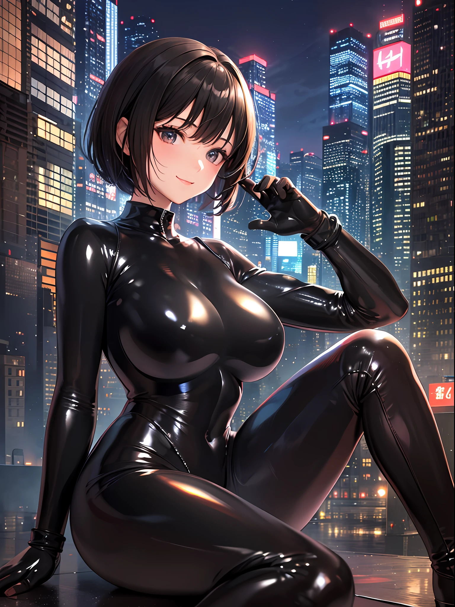 (top-quality: 1.3), (masterpiece: 1.3), (Super Detail: 1.3), (wall-paper, one girls: 1.1)、(Detailed hands and fingers:1.2)、(Detailed ultra-oily shiny skin:1.1)、(Black Full Body Rubber Suit:1.5)、Brown hair、a short bob、Beautiful sister、(Buildings:1.2)、nighttime scene、(Beautiful Large Breasts:1.3) 、sexypose、is standing、Sit with your legs open、ssmile
