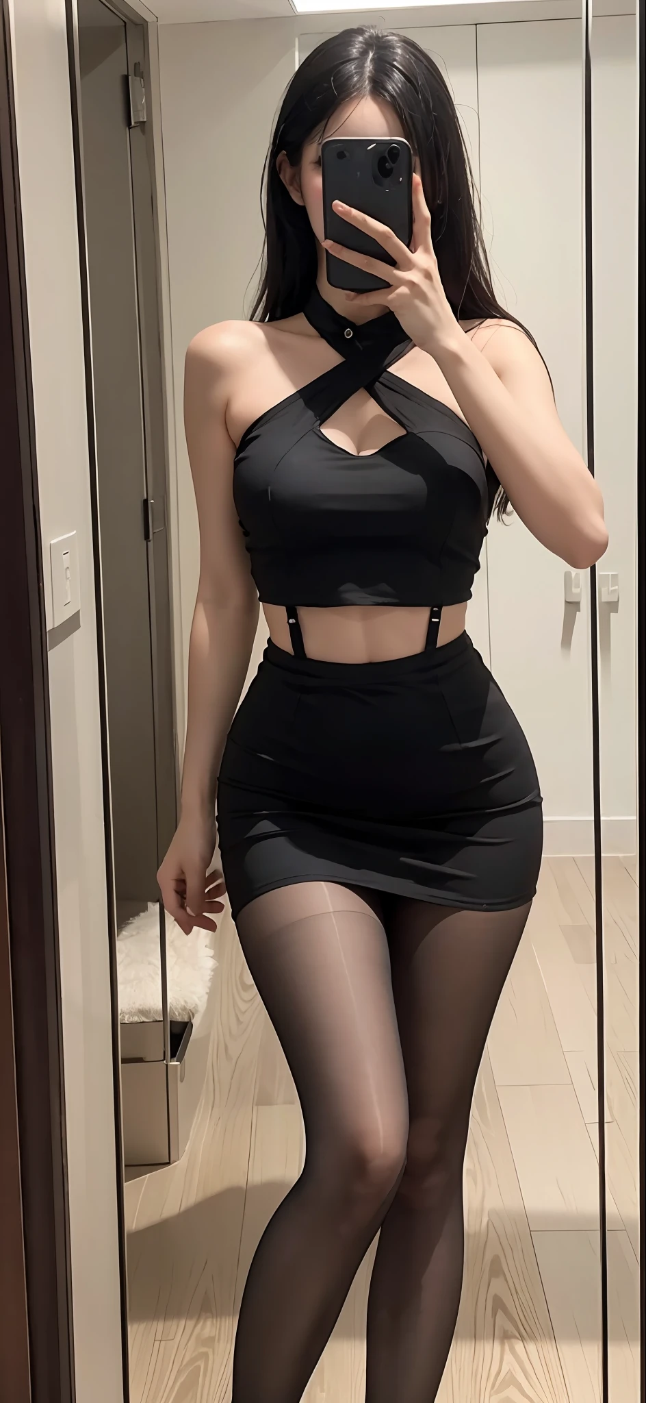 There was a woman dressed in black taking a picture of herself, 8K pixels，Ultra-clear，ultra-realistic realism，The face is clear，very sexy outfit, Sexy outfit, wearing sexy cropped top, Sexy look, intriguing outfit, cruel korean goth girl,Wearing suspender stockings pantyhose， Non-revealing clothing, Sexy dress, Sexy girl pose without nudity, she is dancing. Realistic, Non-revealing clothing, sexy look at the camera, Sexy style, wearing black clothes, Attractive pose，A sexy pose，perfect body figure，No chest baring，Not exposed，Clear fingers，