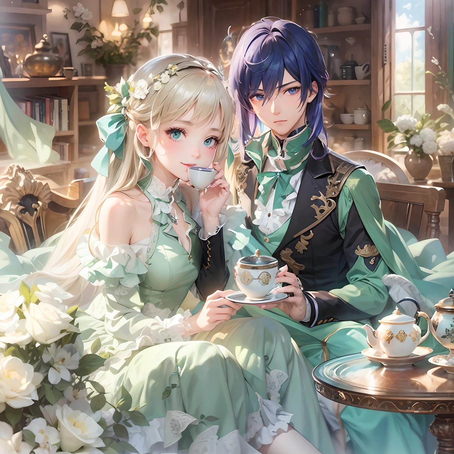 masterpiece、top-quality、illustratio、animesque、Cool young man、Deep blue hair、Purple eyes、Lustrous hair