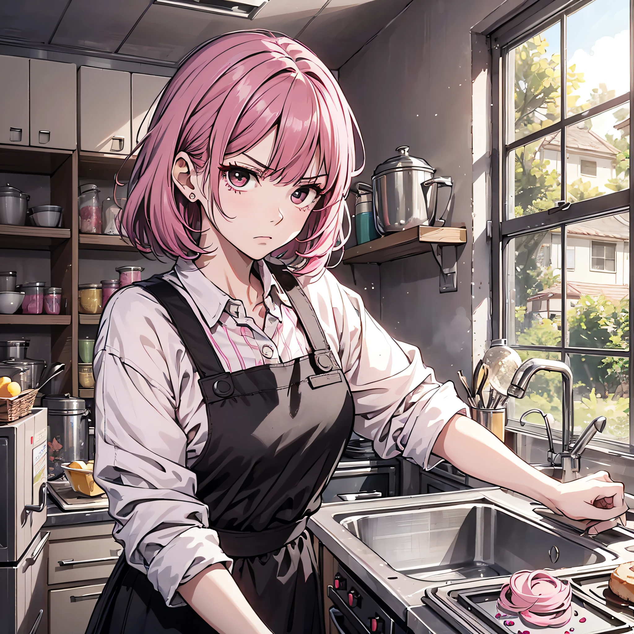 Ridiculous resolution,A high resolution,(tmasterpiece:1.4),Hyper-detailing,pink short hair, 1 middle-aged woman,, Solo, Black eyes, house wife,aprons, 1 Girl with long pink hair,,angry look,