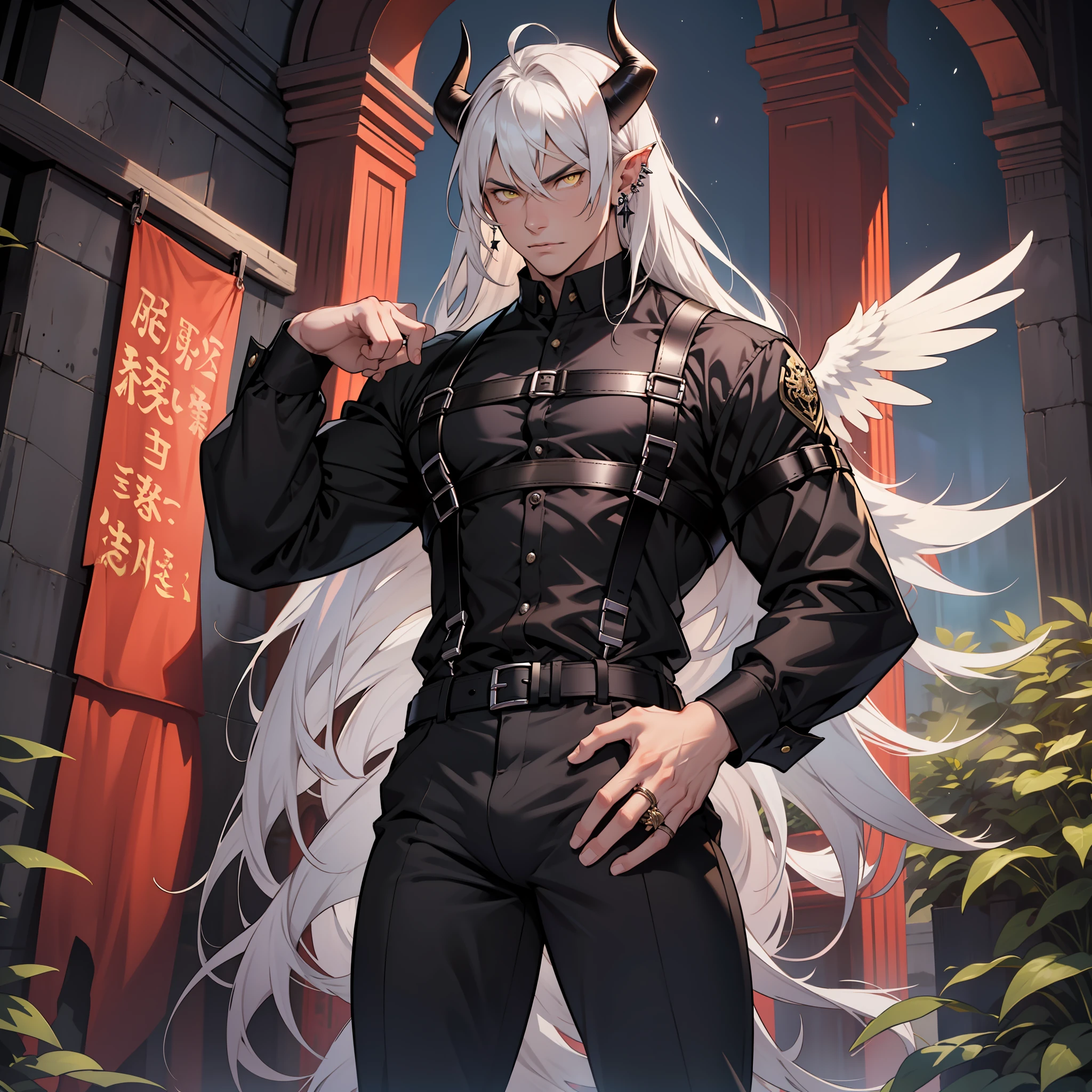 Handsome male, white hair, long hair, yellow eyes, horns, ear piercings, detailed body, detailed hands, grey button shirt, wearing chest harness, black pants, black boots, night fall, standing in palace, arrogant look, good looking, ring on finger, black wings, big bulge in pants, plants, 4 arms, four arms