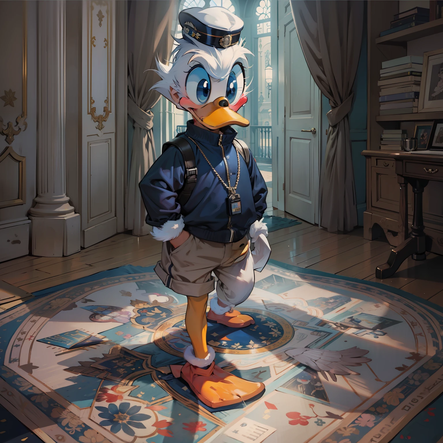 Donald Duck walking on the carpet，Strong sense of light and shadow，Navy clothing，wears dark glasses