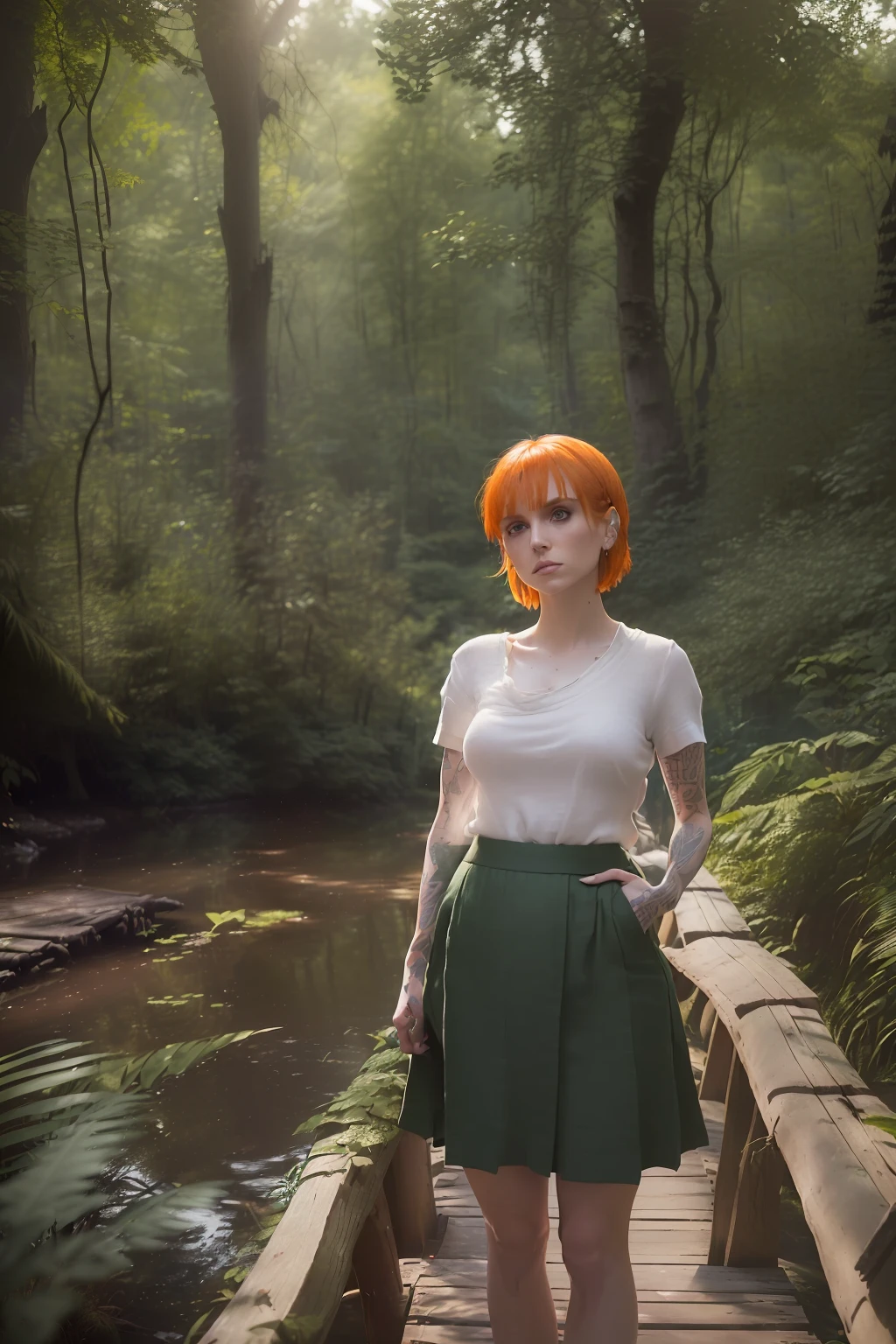 (((Hayley Williams stands on a small wooden bridge in the woods)), ((tall slender woman)), ((she has round breasts)), ((white belly-free shirt made of linen)), ((half-length dark green skirt made of linen)), (Wanderschuhe), (kleiner Kopf), ((detailliertes Gesicht)), (fotorealistisch), (Raytracing), (scharfer Fokus), ((natural realistic skin texture))