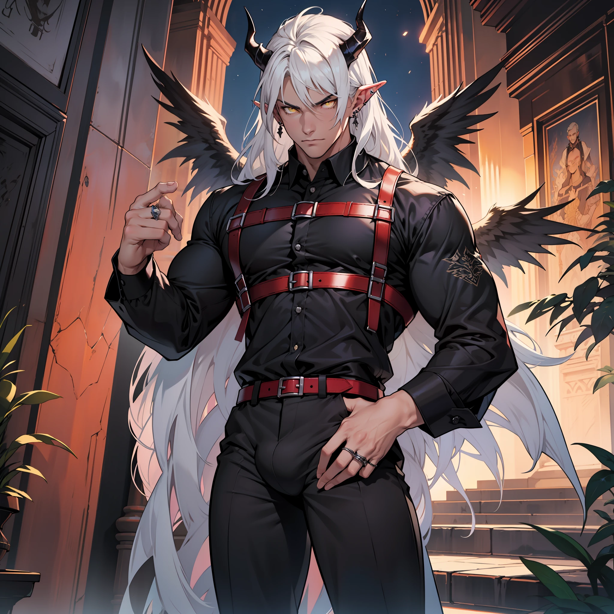 Handsome male, white hair, long hair, yellow eyes, horns, ear piercings, detailed body, detailed hands, grey button shirt, wearing chest harness, black pants, black boots, night fall, standing in palace, arrogant look, good looking, ring on finger, black wings, big bulge in pants, plants, 4 arms, four arms