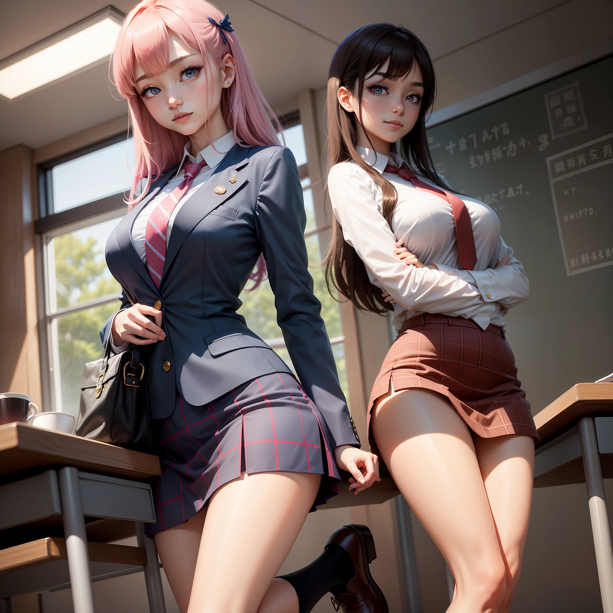((best qualtiy,8K,tmasterpiece:1.3)),1个Giant Breast Girl,slim,full bodyesbian,(Hairstyle Casual,The large:1.2),(Pink Y-shirt,red necktie,a dark blue skirt,Loafer shoes,dark blue blazer:1.2),Super slender face,Elaborate Eyes,二重まぶた,ssmile,(Classroom:1.0),Real Human,photore