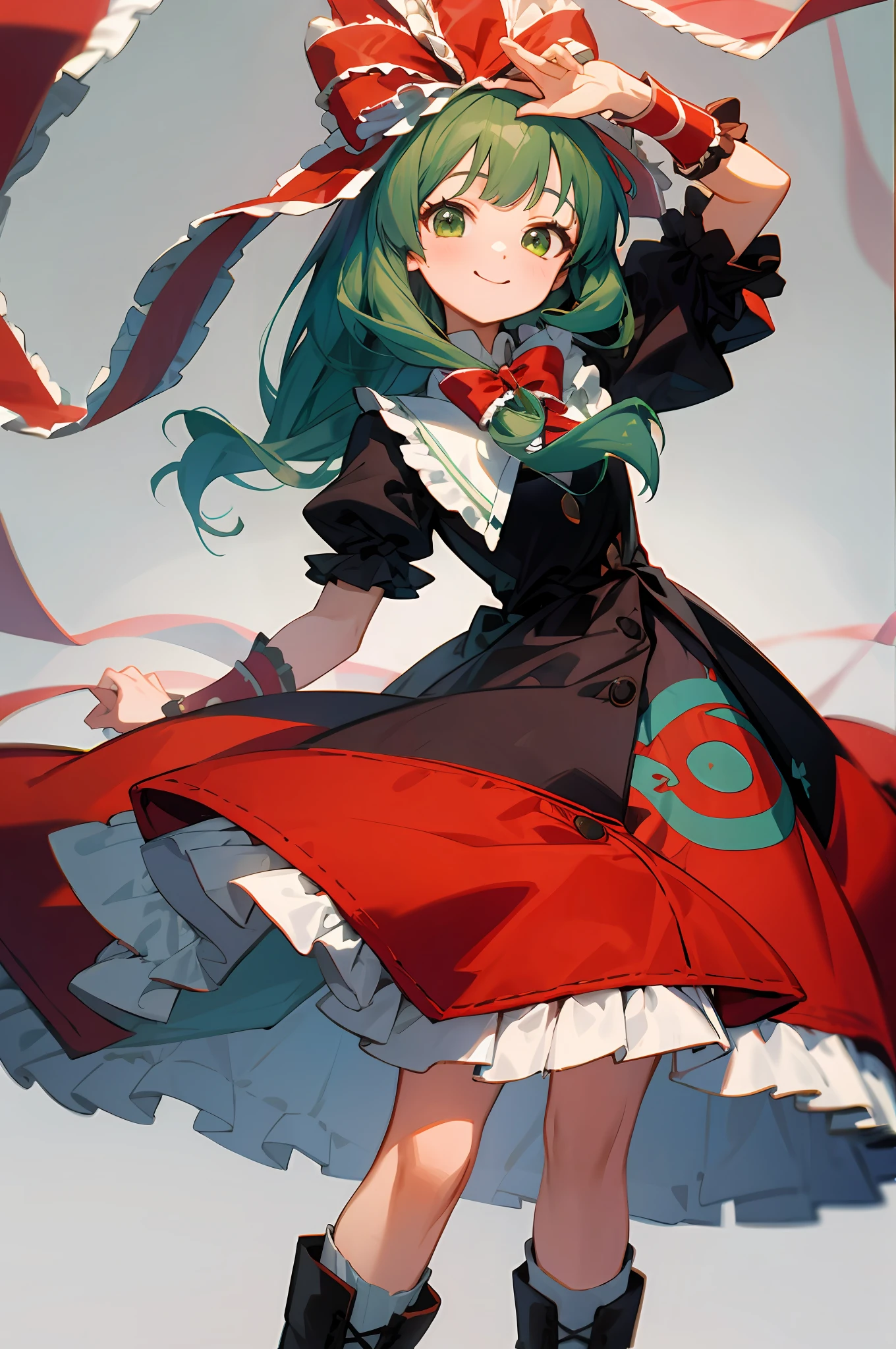 masterpiece, bestquality, 1girls,Kagiyama Hina, a green hair, green eyes, Front horsetail, dress, ribbons, boots, Red Dresses, frills, hair ribbons, Arm ribbon, short sleeves, long-haired, bow, Hair Bow, grey background, looking at the audience, puffy sleeves, puffy short sleeves, smile, simple background, Red Ribbon, Pleated ribbon, (KBXLL:0.6) , cowboy shot, Lively images, best light best shadow, (shining)