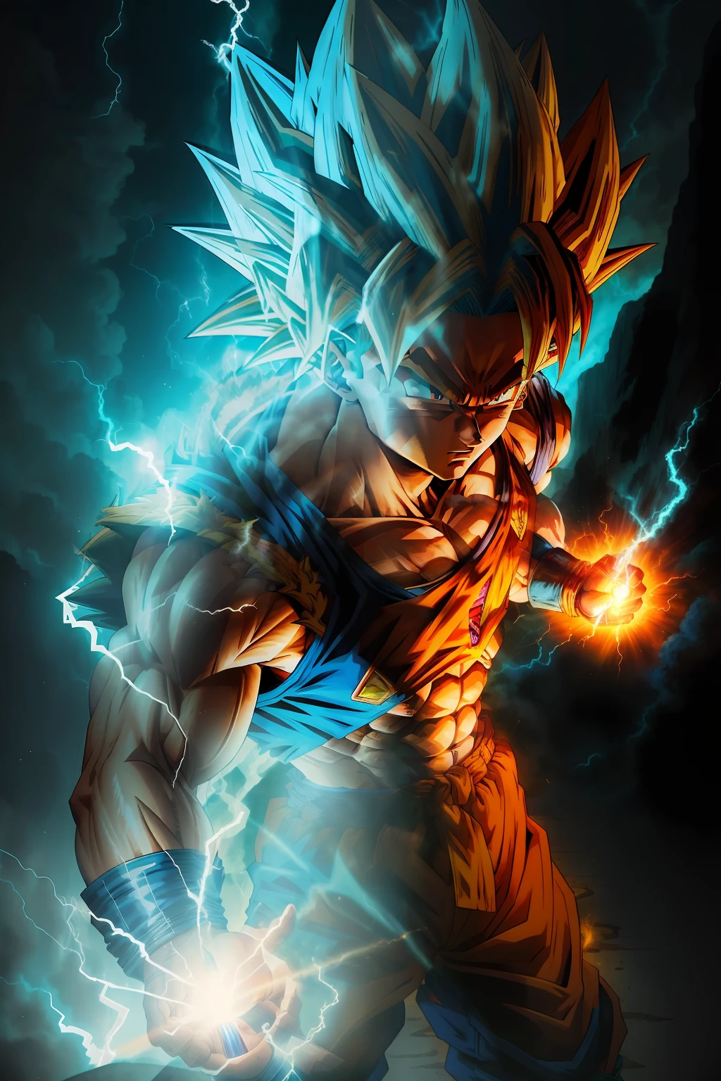 masterpiece, best quality, Goku super Saiyan blue, blue hair Blue Lightning Point finger to yourself