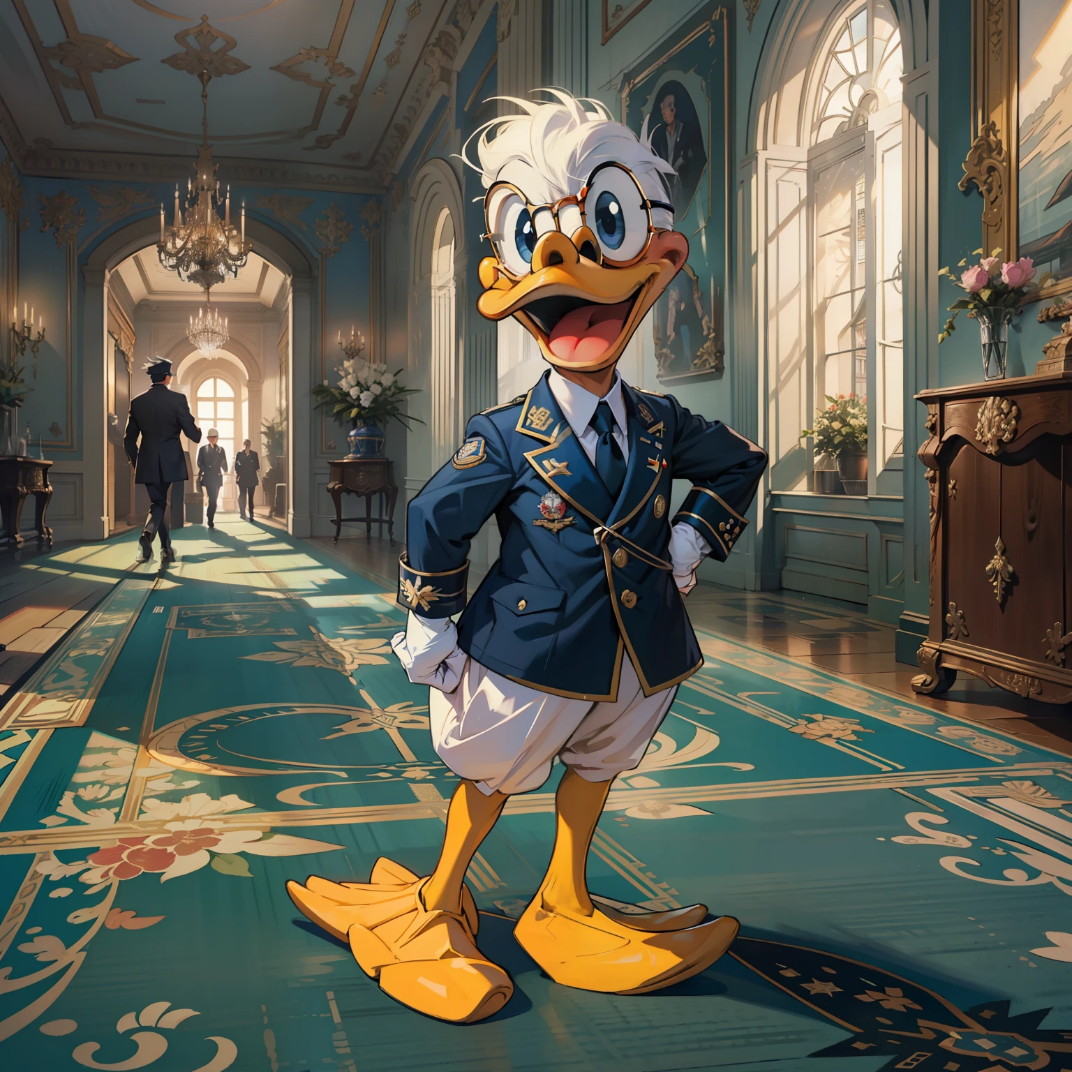 Donald Duck walking on the carpet，Strong sense of light and shadow，Navy clothing，wears dark glasses，Inside the European-style building