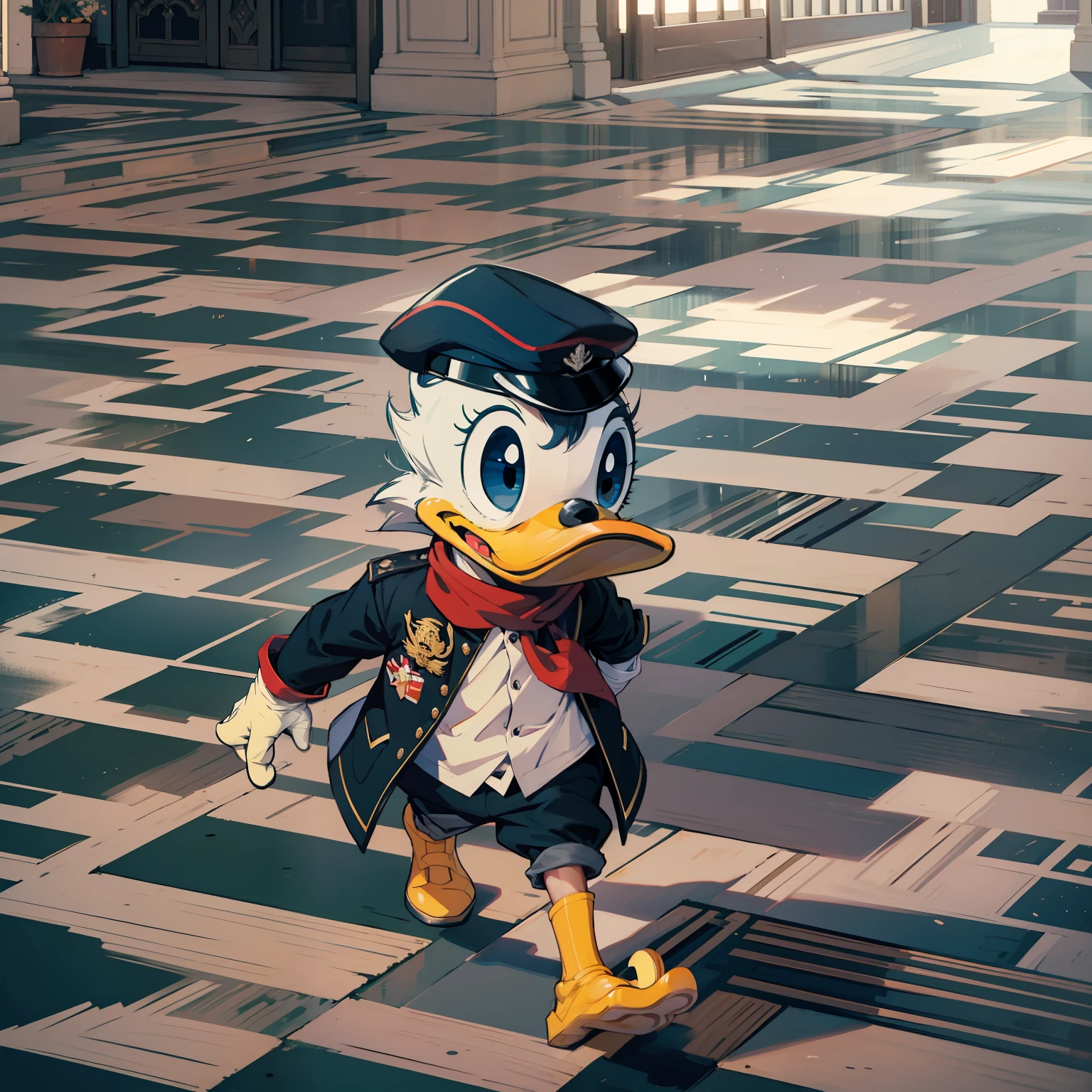 Donald Duck walking on the carpet，Strong sense of light and shadow，Navy clothing，wears dark glasses，Inside the European-style building