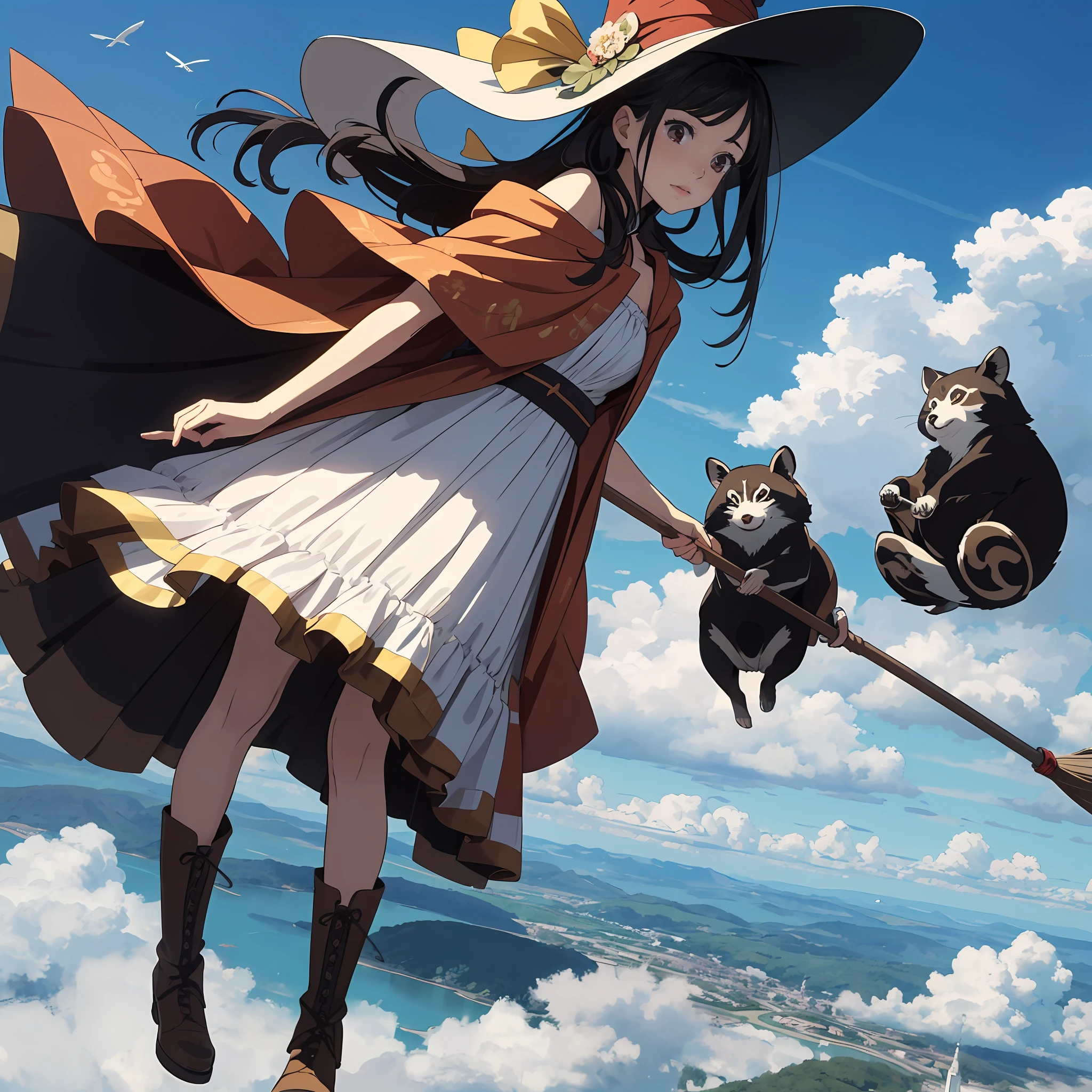 ​masterpiece、animesque、Transparency、s girl、the witch、Flying in the sky with a broom、Holding a pointed hat with your hand、Tanuki is on a girl's shoulder、Dress with luxurious and detailed decoration、Men's Boots、Composition looking down at an angle、heavy wind、swirling clouds