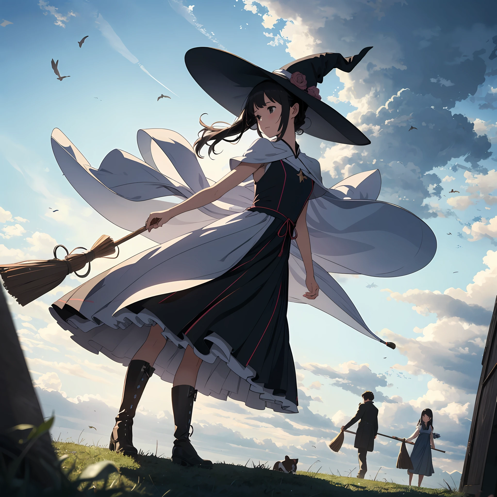masterpiece、animesque、Transparency、s girl、the witch、Flying in the sky with a broom、Holding a pointed hat with your hand、Tanuki is on a girl's shoulder、Dress with luxurious and detailed decoration、Men's Boots、Composition looking down at an angle、heavy wind、swirling clouds