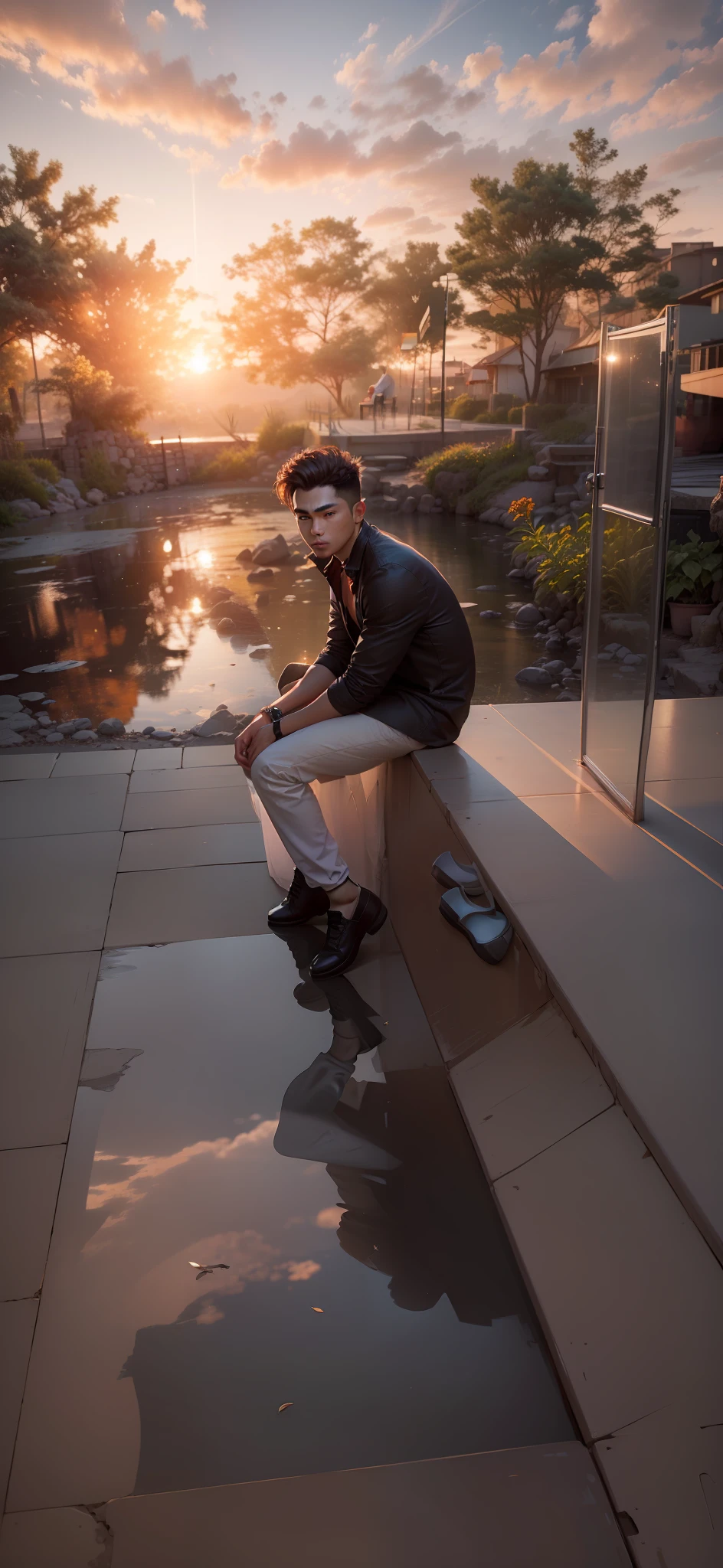 Change the background into the sitting place during sunrise,man wear a beautiful dress,looking handsome,realistic face,8k,ultra photography