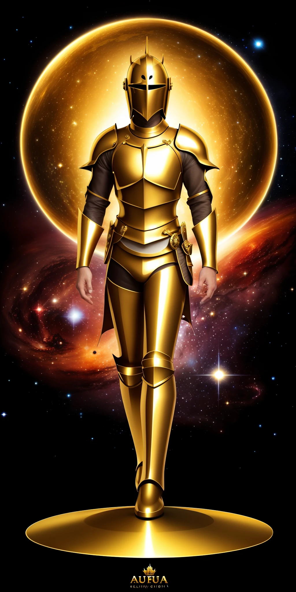 Masterpice, shiny, golden knight, elegant, cosmic background, beauty, golden aurea