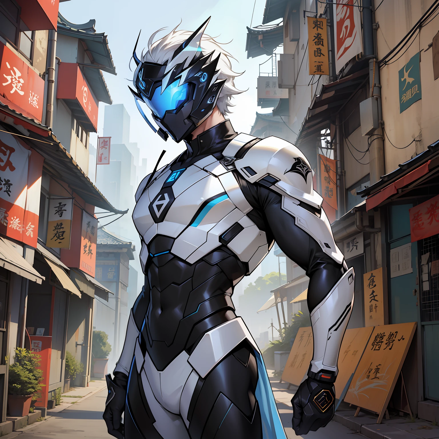 Design a new version of the male character Jaspien，Completely modern and futuristic clothing。The overall design of the clothing borrows from the Chinese dragon。The costume should retain the essence of the character，But with a modern design。It should look technologically and advanced，It has metal materials，Aerodynamic lines and cybernetics details。The main color of the garment should be bright metallic white，With shiny black details。The armor of this suit should be smooth，The armor of the trunk part fits the body，Has a perfect male muscle line，Provides mobility without compromising durability。

Jaspion helmets should have a modern look，At the same time, It has the design sense of Chinese dragon，Ferocious majesty，Dragon horn with a metallic texture。The Armored Eye also has a dragon's eye design。With holographic visor，Can enhance your eyes and protect your identity。Displays can display tactical information and analyze the surrounding environment。He has flowing white hair on the back of his head。

Additionally，The set can also be equipped with additional accessories，For example, Jet thrusters on wrists and boots，Enables Jaspion to fly and make powerful jumps。It can also carry technical weapons，For example, Energy swords with shiny blades or other futuristic weapons that interest you。

Feel free to be creative and innovative when redesigning your outfits，Remember，The end result should be a stunning and iconic new version of Jaspion。。。。。。，Embodies the spirit of classic heroism，A modern and futuristic twist