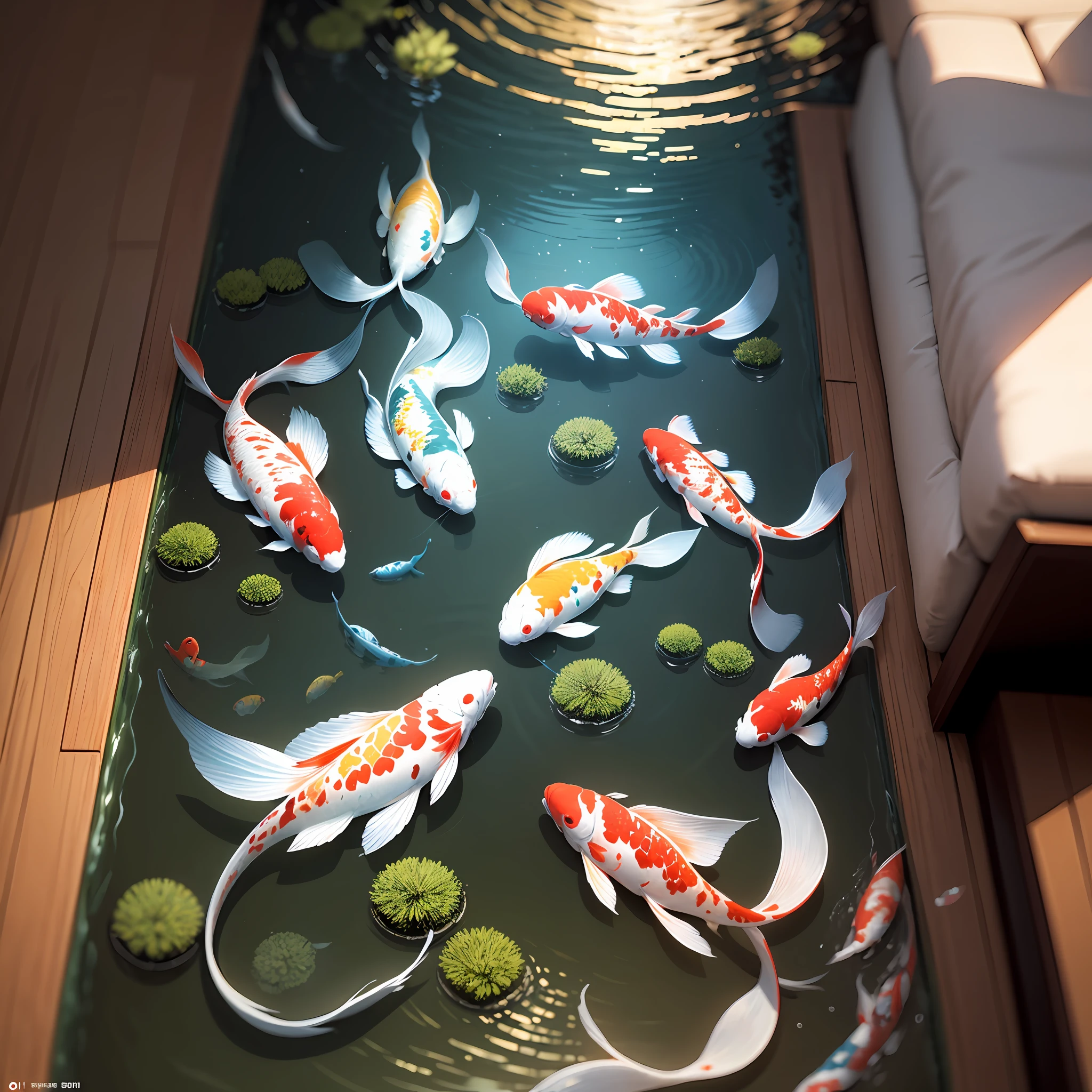 There are four fish in a circle,There are kanji on the cover, golden fish in water exoskeleton, Wang Chen, jinyiwei, fishes floating in bedroom, fishes swimming, ( ( ( koi colors ) ) ), Colorful fish, author:Liang Kai, see fishes swimming, Fish swimming, The fish, yanjun cheng --auto