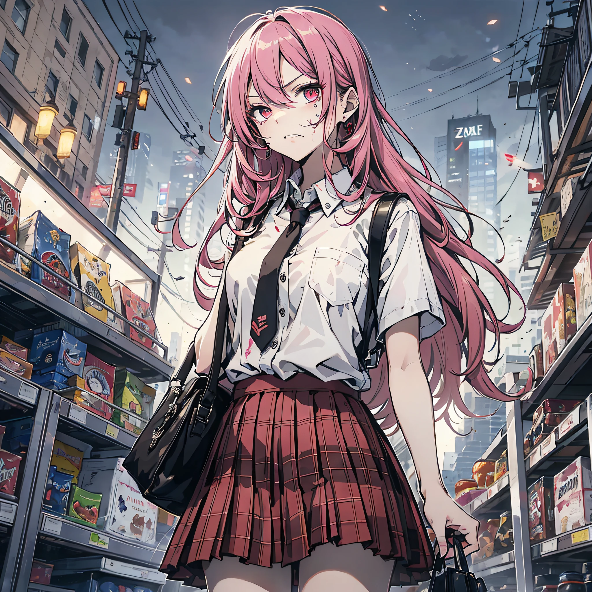 Ridiculous resolution,A high resolution,(tmasterpiece:1.4),Hyper-detailing,Pink Long Hair, 1girll, dual horsetail, Solo, red color eyes, Angry, white necktie, Pleated plaid red skirt, school uniform, Zombie role-playing,Supermarket,Take the bag(1.3),sneaky,walked,Zombie apocalypse,Zombie outbreak
