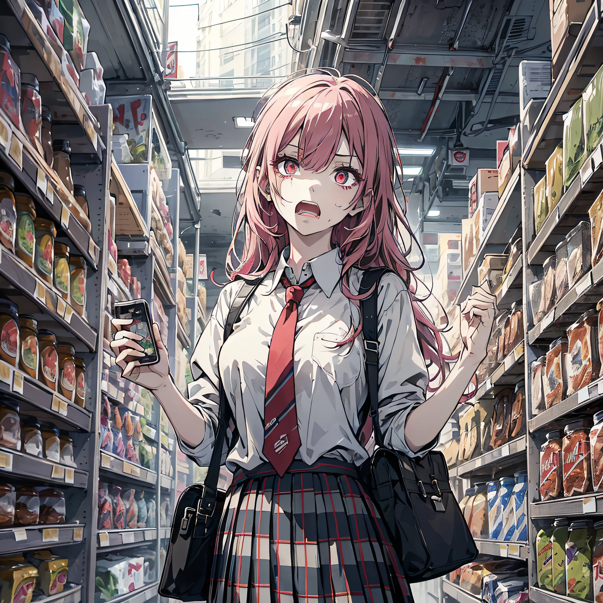 Ridiculous resolution，A high resolution，（tmasterpiece：1.4），Hyper-detailing，Pink Long Hair, 1girll, dual horsetail, Solo, red color eyes, Angry,  white necktie, Pleated plaid red skirt, school uniform, Zombie role-playing，Supermarket，Take the bag（1.3），sneaky，walked，Zombie apocalypse，Zombie outbreak