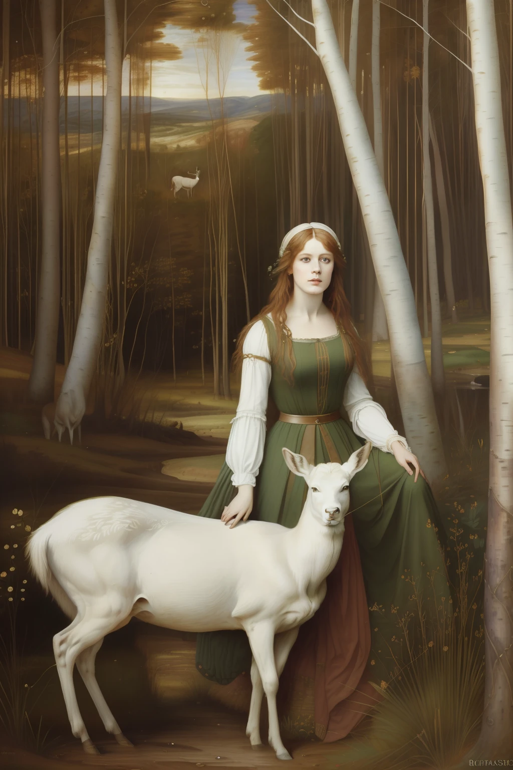 "(((Pre-Raphaelite and Renaissance painting))), qualidade excepcional, incredible details, Portrait of a blonde Celtic maiden and a white deer in a birch forest. paisagem celta, sun sunset, cabelos claros."