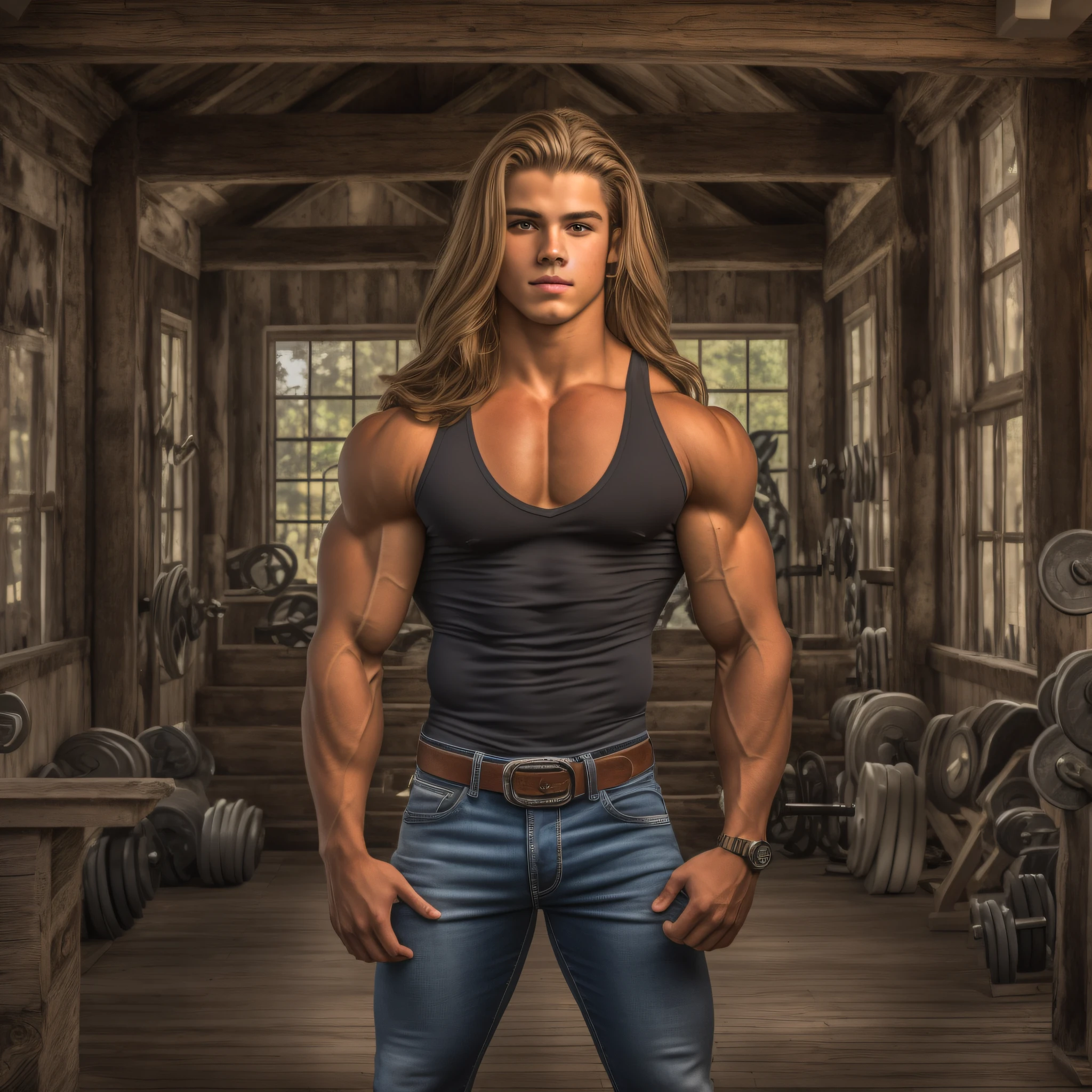 An 18-year-old boy bodybuilder, embodying the perfect fusion of Joey Lawrence and Cody Calafiore with long hair, exuding an aura of strength and confidence. Enhanced with HDR technology, this image depicts a true masterpiece, 4K resolution, cowboy shot