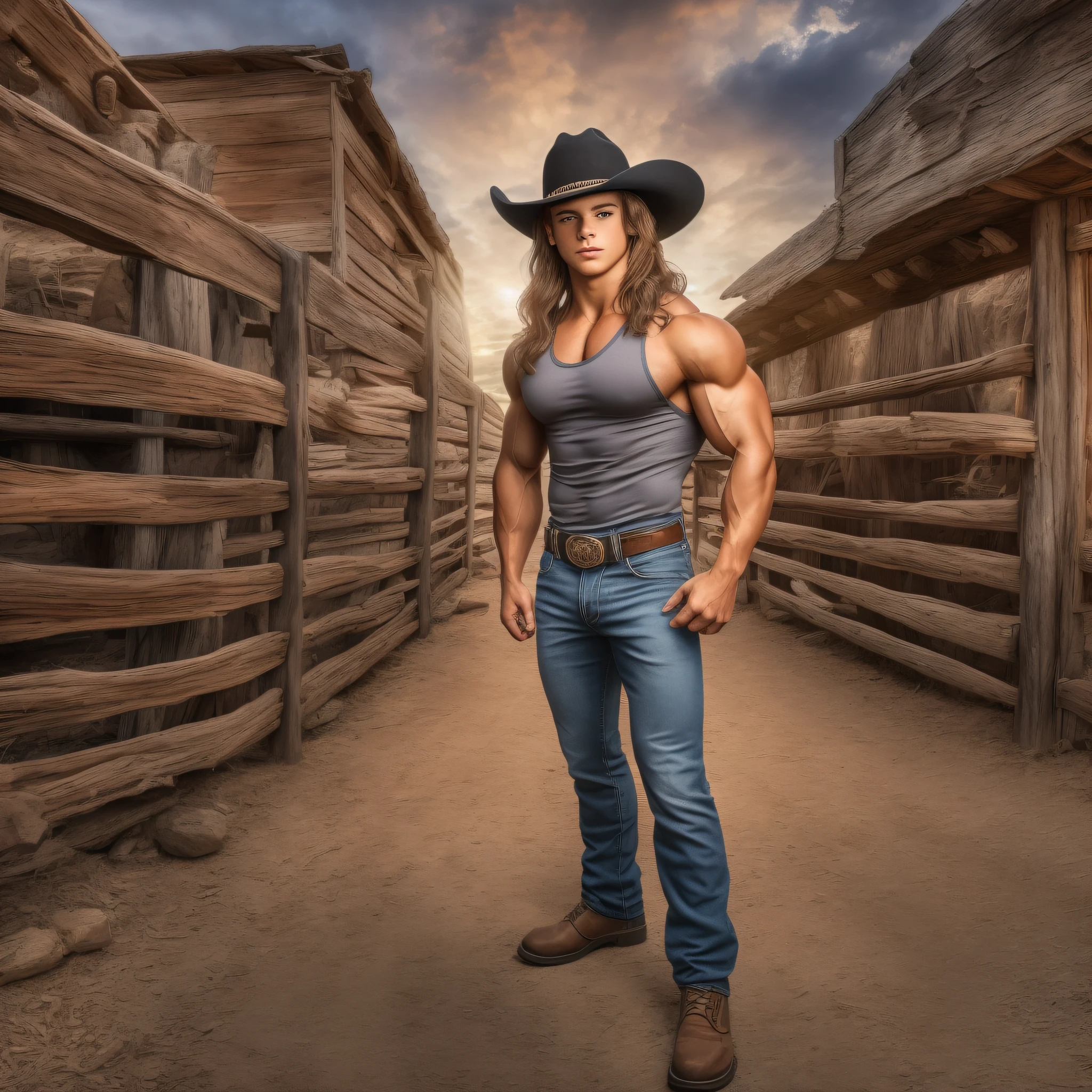 An 18-year-old boy bodybuilder, embodying the perfect fusion of Joey Lawrence and Cody Calafiore with long hair, exuding an aura of strength and confidence. Enhanced with HDR technology, this image depicts a true masterpiece, 4K resolution, cowboy shot