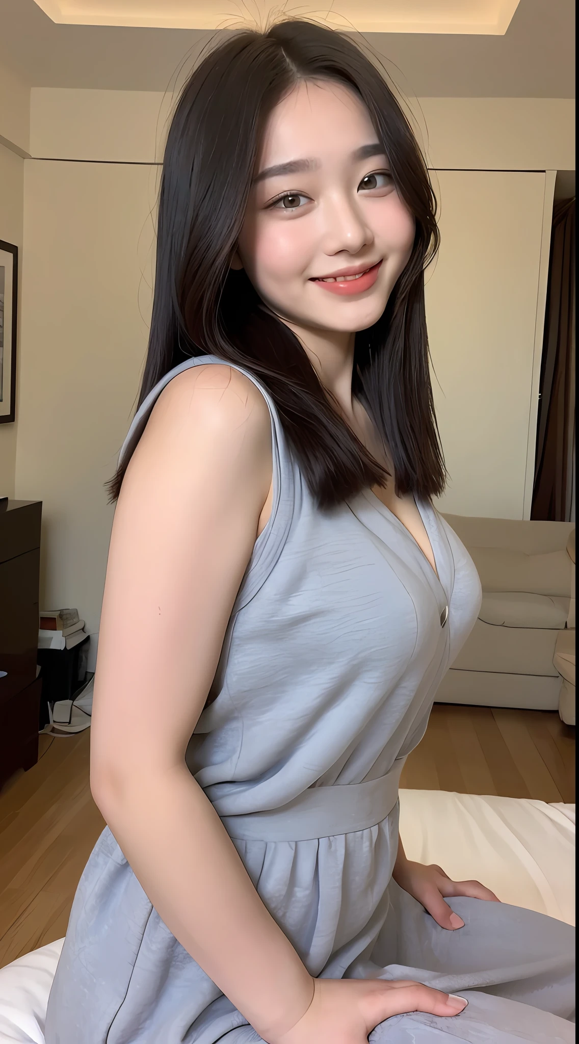 ((top-quality、8K、​masterpiece:1.3))、1girl in、slightly chubby beauty:1.3、(Hairstyle Casual、tits out:1.2)、18year old、Pupils、校服、Exposed chest、chubby face、Delicat eyes、二重まぶた、A smile、on the beds