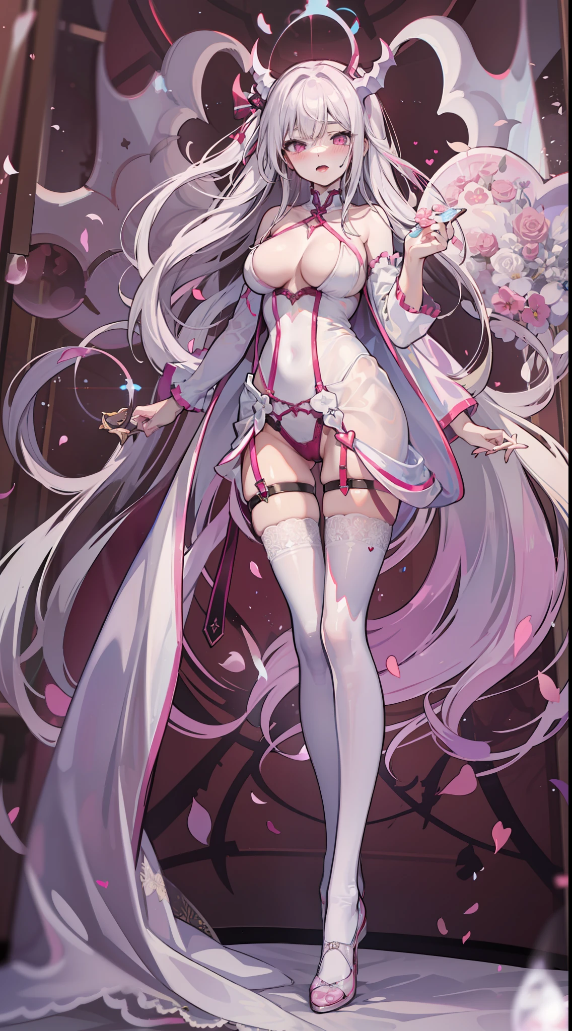 Enchanted Married Woman,Smooth skin,Sexy openwork sex clothes,White suspender glossy stockings,Sexy and provocative pose,busty figure,Dazzling white hair,Colored expressions,The Mark of the Succubus,Reveals a heart-pounding blush,Hair gradients,High-resolution fine textures,Depth of field effect,Brilliant light effect,lightand shade contrast,Ray tracing and flare effects,Shot with Sony FE camera,gothic art,Best quality texture。
