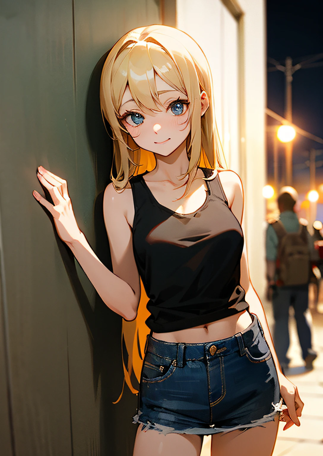 Penetration of military bases、top-quality、masterpiece、超A high resolution、girl with、cute little、middle school girl、semi long hair、A smile、the perfect body、beautiful countenance、Tindall Effect、Black tank top、jean skirt、by night、a blond、Blonde girl、Blue eyes、Hiding in the wall、