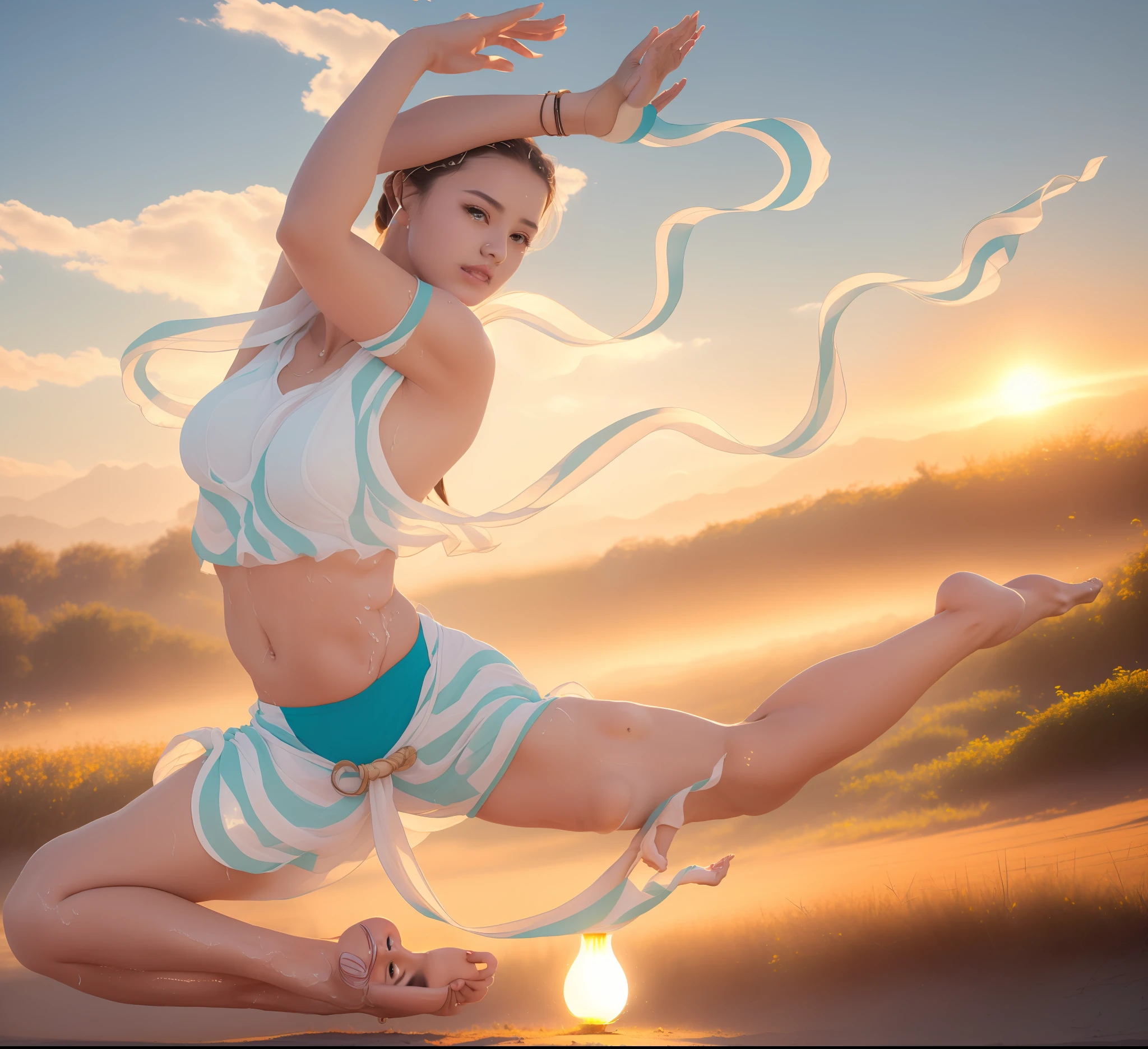 Beautiful flying goddess,Beautiful posture,Nice face,There was a round light behind him,16 yaers old,Smooth skin,Fair and soft skin,Soft hands and feet,(primitive:1.2),(realisticlying:1.4),(Sharpness:1.2),(((body high:1.5))),(((Gemstones refract dazzling light))),((middlebreast:1)),(Abs:0.7),(glute:1.2),(healthy-looking skin, Thin skin, seductiveexpression, 二重まぶた,Jelly textured lips, Glowing lips,Small upturned lips,(((Flawless skin texture))),Real pores,ctextured skin,(Dynamic hair,Hair hanging down the shoulders,Beaded hairpins,Layered hair,Wet skin texture),Glossy glossy skin,Glowing skin,Radiant hair,In the Land of Flowers,sunny clear sky,High quality detailing, Positive light,Cinematic lighting,absurderes, unbelievable Ridiculous, hugefilesize, ultra - detailed, A high resolution, The is very detailed,best qualtiy,tmasterpiece,illustratio,The is very detailed,CG,unified,8k 壁纸,Amazing Cleavage,finely detailled,tmasterpiece,light in face,cinmatic lighting,(((Dynamic lens,Focus on people))),((body proportions of the high jumper)),(((dynamicposes))),(((Correct anatomy))),,(((cinematic ligh:fall))),with blue sky and white clouds,