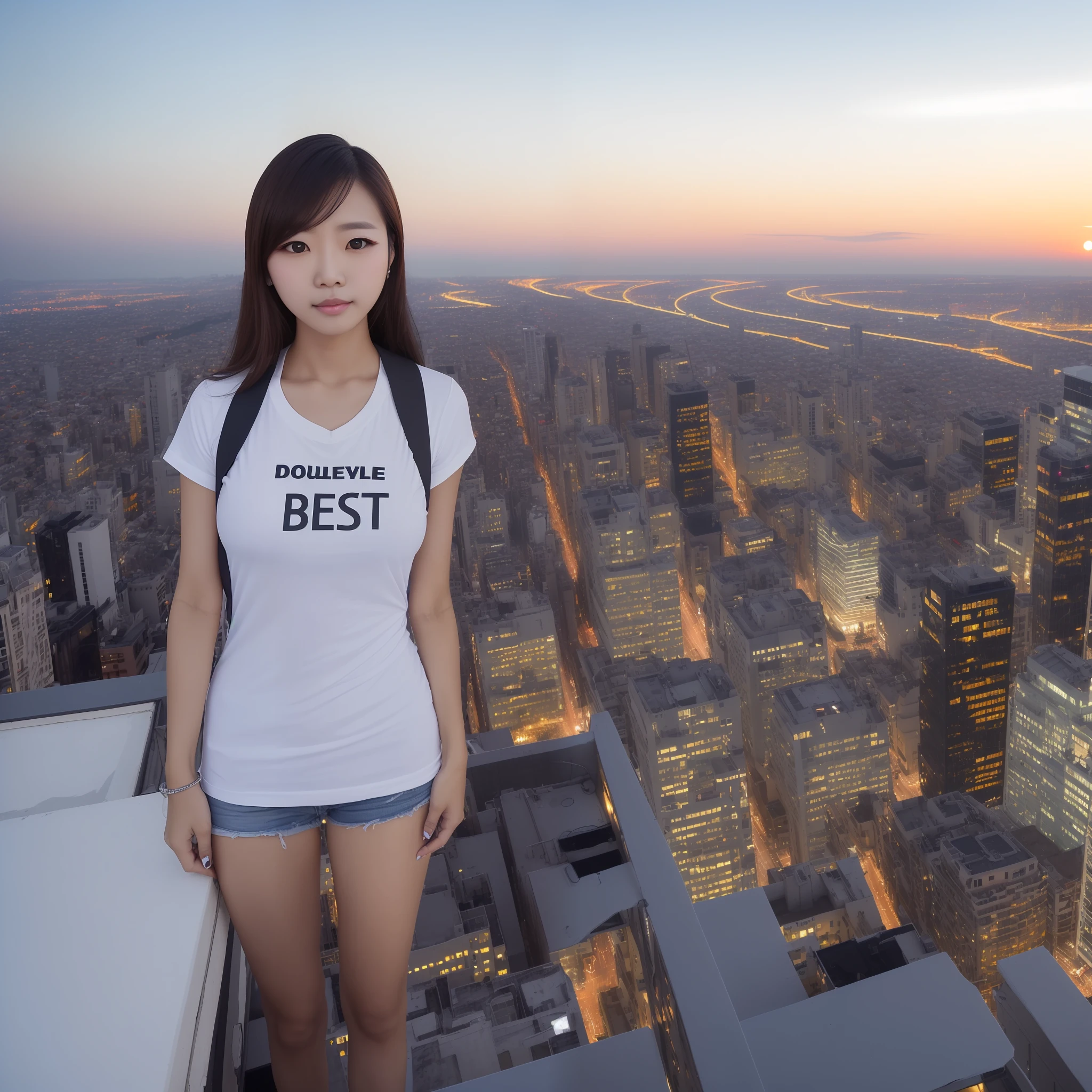 ((Midnight, Best quality, 8k, Masterpiece :1.3)), Whole body, Long legs, Sharp focus :1.2, A pretty woman with perfect figure :1.4, Slender abs :1.1, ((Dark brown hair, Big breasts :1.2)), (White tight tshirt, Jean bib, Standing:1.2), ((Night city view, Rooftop:1.3)), Highly detailed face and skin texture, Detailed eyes, Double eyelid --auto