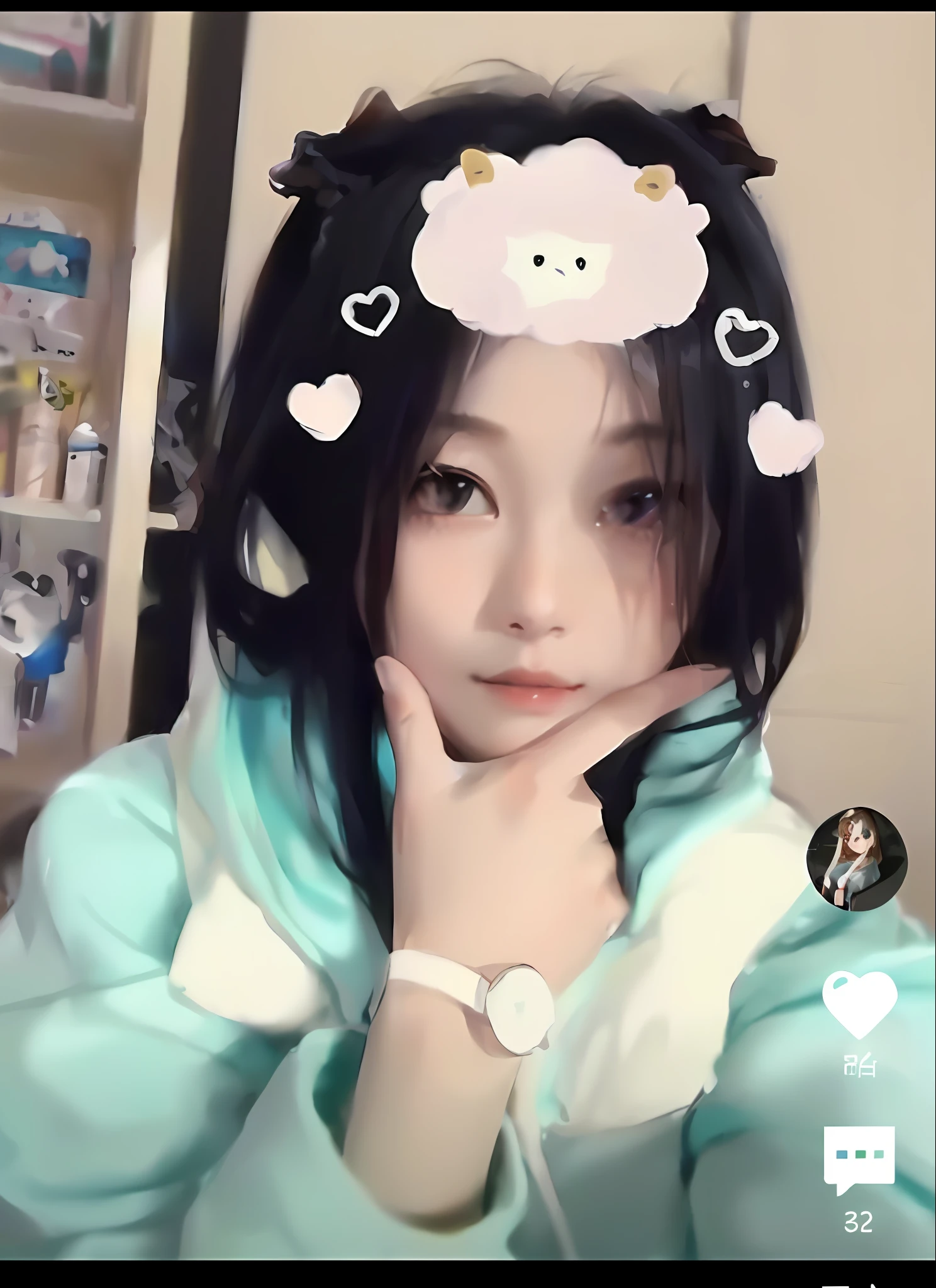 There was a girl with a headband,There is a sheep on it, Ruan cute vtuber, ulzzangs, very beautiful cute catgirl, cute kawaii girls, dilraba dilmurat, tzuyu from twice, tiktok video, black haired girl wearing hoodie, young cute wan asian face, xintong chen, inspired by Ma Yuanyu