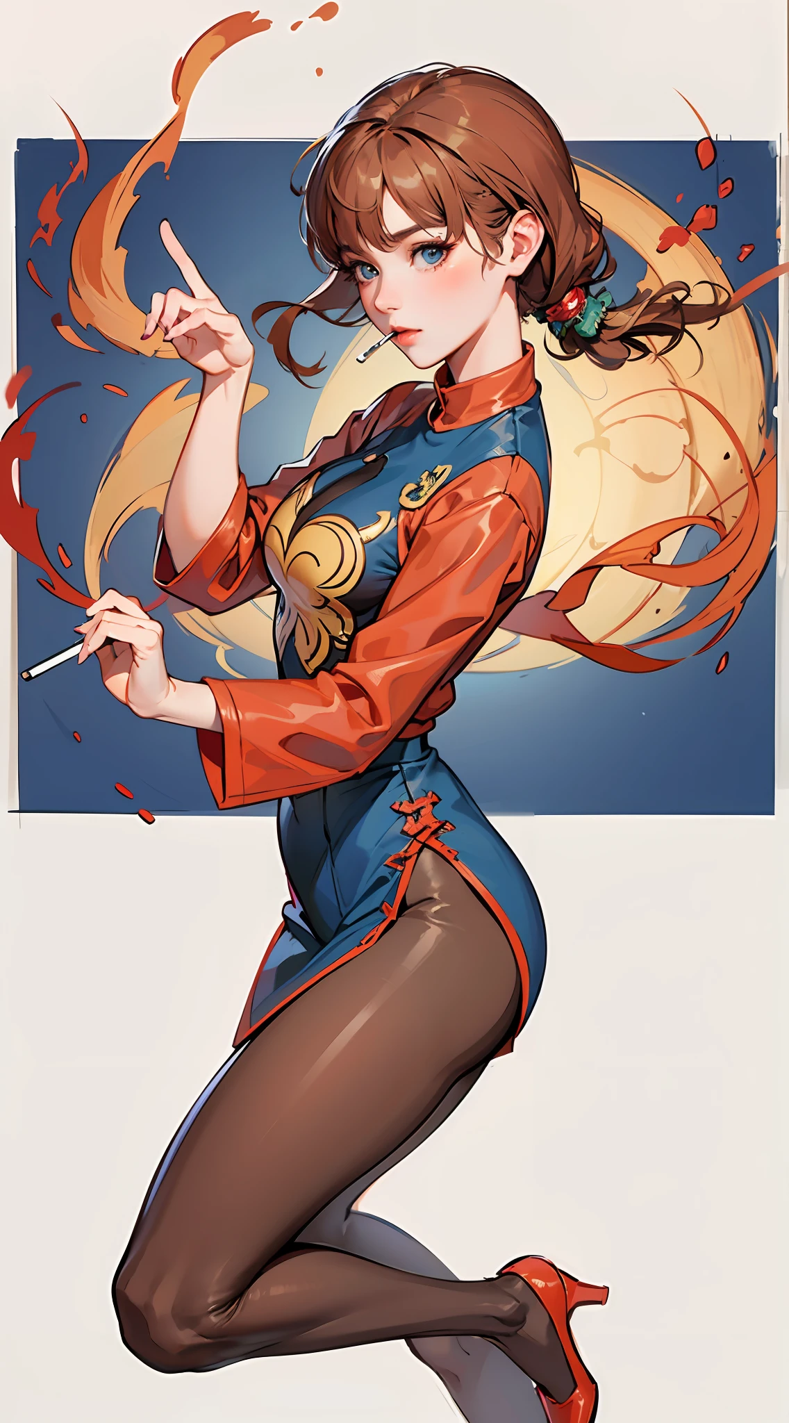 A woman in a red shirt and black pants holds a cigarette, Artgerm and James Jean, artgerm and lois van baarle, krenz cushart and artgerm, Artgerm and Ruan Jia, artgerm and ben lo and mucha, Artgerm and Atey Ghailan, Artgerm Plat, Style Artgerm