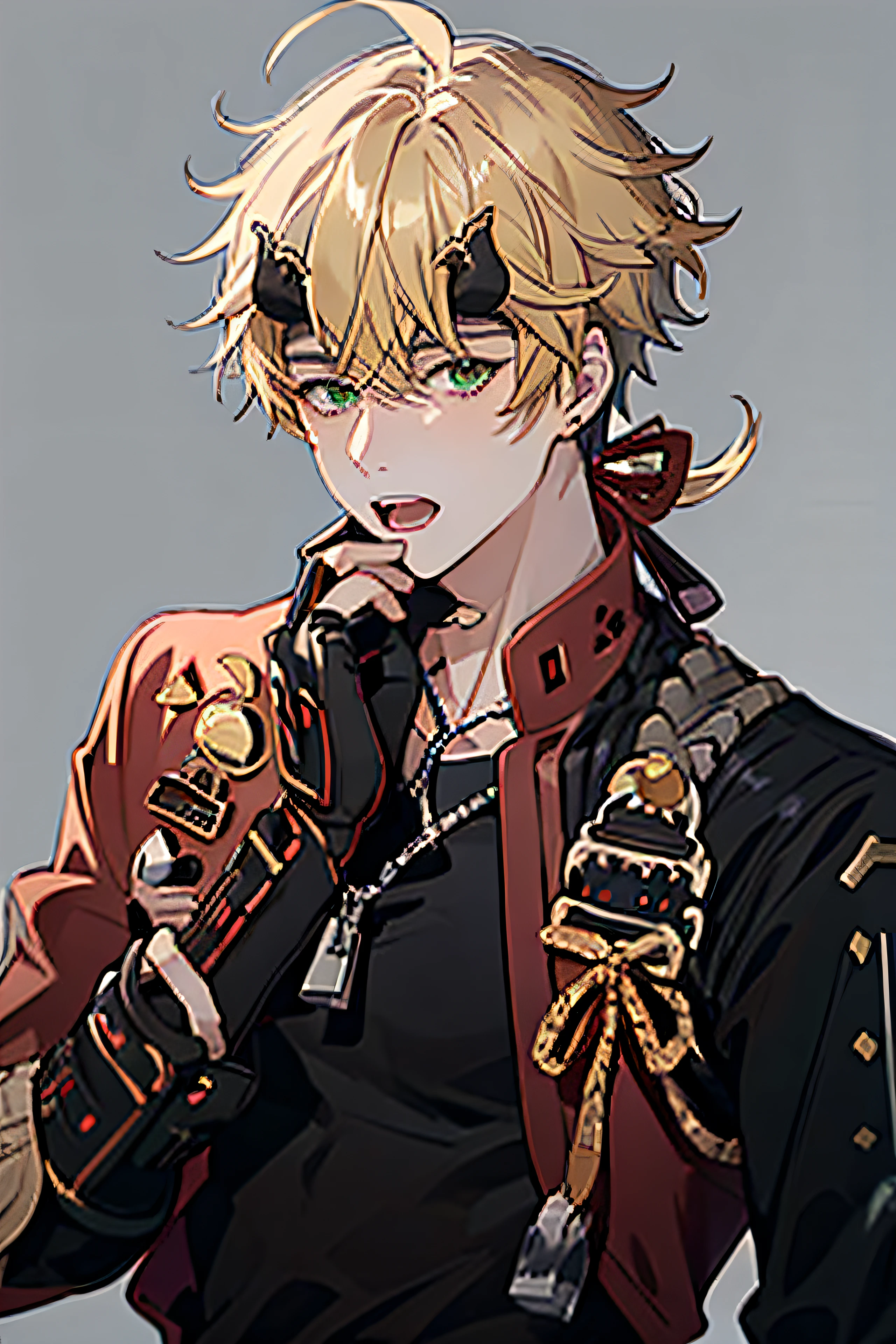 masterpiece, best quality,thoma (genshin impact), 1boy, male focus, dog tags, horned headwear, green eyes, horns, gloves, fake horns, blonde hair, solo,fingerless gloves, bangs, ponytail, headband, open mouth, hair between eyes, (grey background:1.4),(kbxll:0.6)