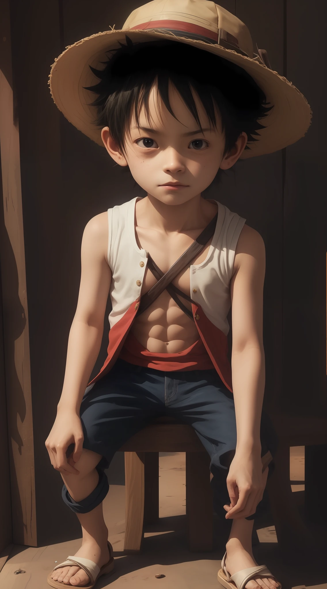 Luffy has black shaggy hair, round black eyes, and a slim muscular build. He is renowned for his trademark straw hat, which was lent to him when he was young by the legendary pirate captain, "Red-Haired" Shanks,[35] who in turn received it from Gol D. Roger.[43] luffy He wears blue shorts with cuffs, sandals, and a sleeveless red vest. Luffy also has a scar with two stitches underneath his left eye, which he earned as a child by stabbing his face to show Shanks that he was tough enough to be a pirate.[44] He was severely wounded by Akainu in the Summit War of Marineford,[45] leaving a large X-shaped scar on his chest.[46]