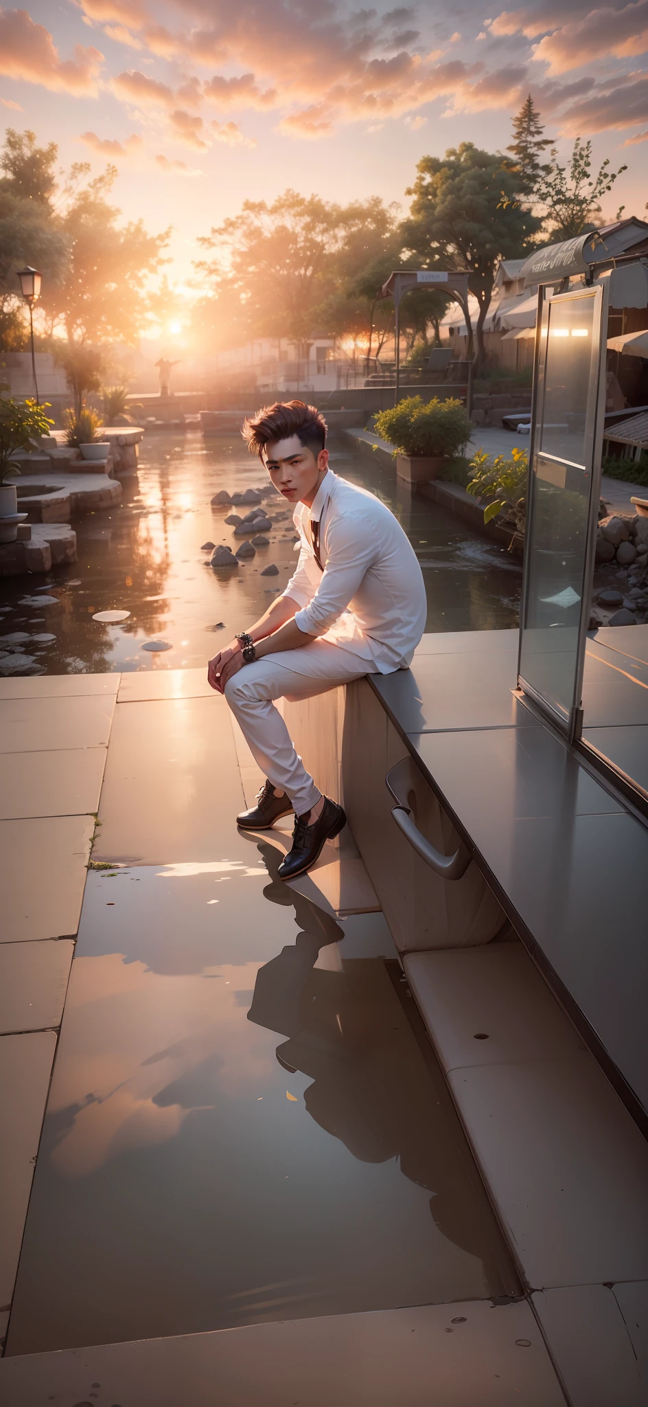 Change the background into the sitting place during sunrise,man wear a beautiful dress,looking handsome,realistic face,8k,ultra photography