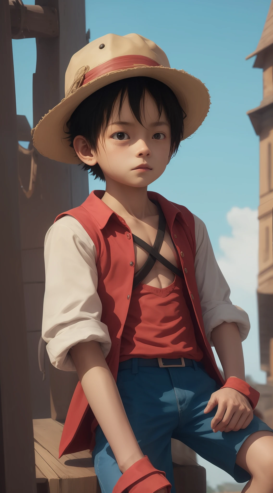 Luffy has black shaggy hair, round black eyes, and a slim muscular build. He is renowned for his trademark straw hat, which was lent to him when he was young by the legendary pirate captain, "Red-Haired" Shanks,[35] who in turn received it from Gol D. Roger.[43] luffy He wears blue shorts with cuffs, sandals, and a sleeveless red vest. Luffy also has a scar with two stitches underneath his left eye, which he earned as a child by stabbing his face to show Shanks that he was tough enough to be a pirate.[44] He was severely wounded by Akainu in the Summit War of Marineford,[45] leaving a large X-shaped scar on his chest.[46]