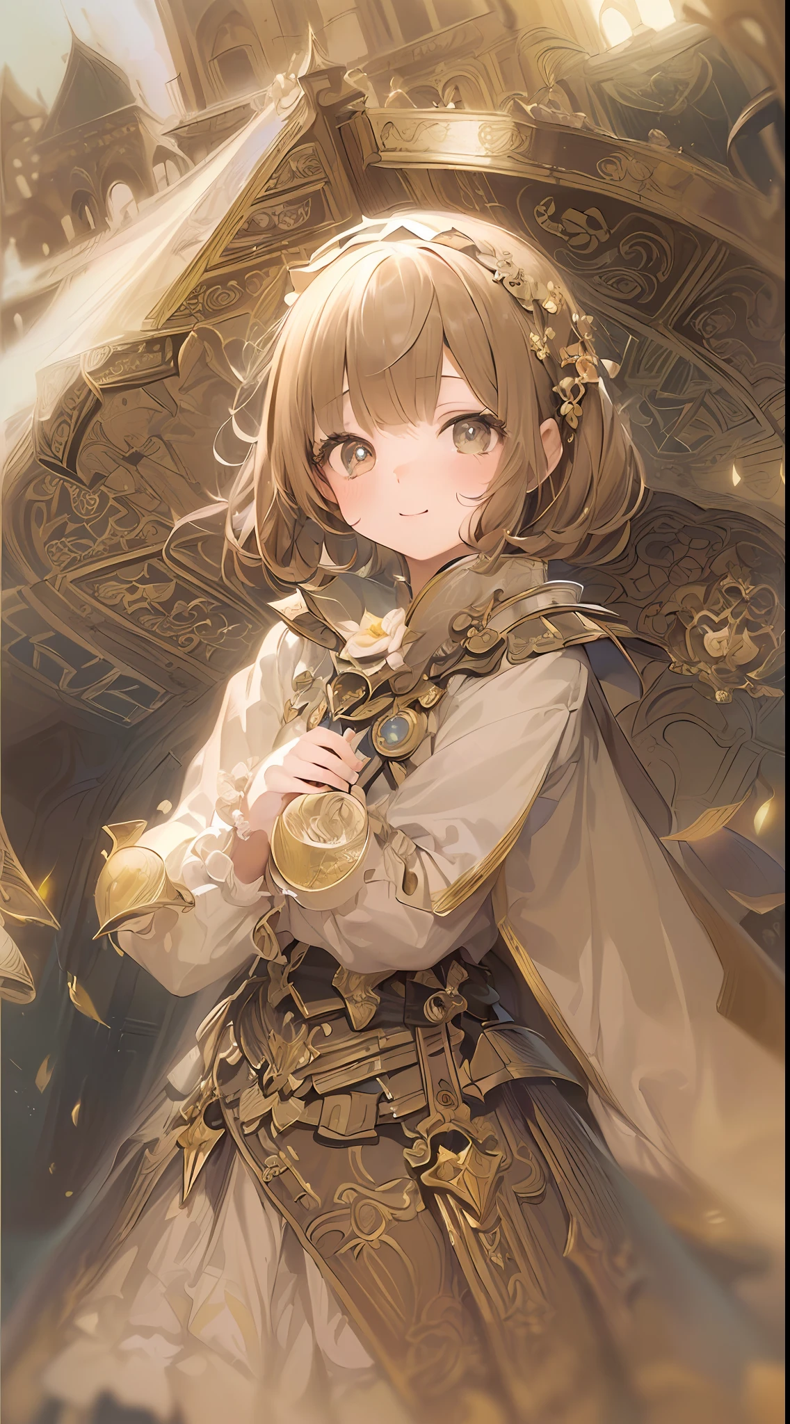 「(8k wallpaper:1.5)、(high-level image quality:1.3)、(animesque, illustratio:1.5)、(girl with、kawaii:1.8)、(beatiful detailed eyes:1.3)、(A slight smil:1.1)、(knights:1.5)、(sepia, gradients:1.5)」