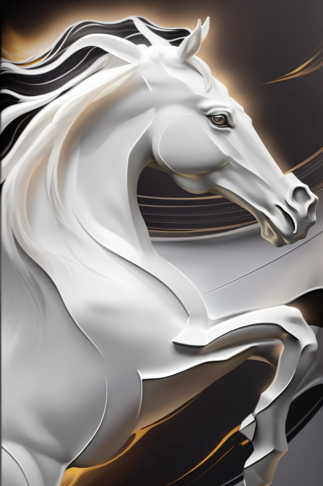There is a white horse standing on a black and gold background, digital horse, chrome art, a painting of white silver, White horse, crisp smooth lines, abstract 3 d artwork, cinema 4 d art, digital sculpture, made of liquid metal and marble, made out of shiny white metal, depicted as a 3 d render, an all white horse
